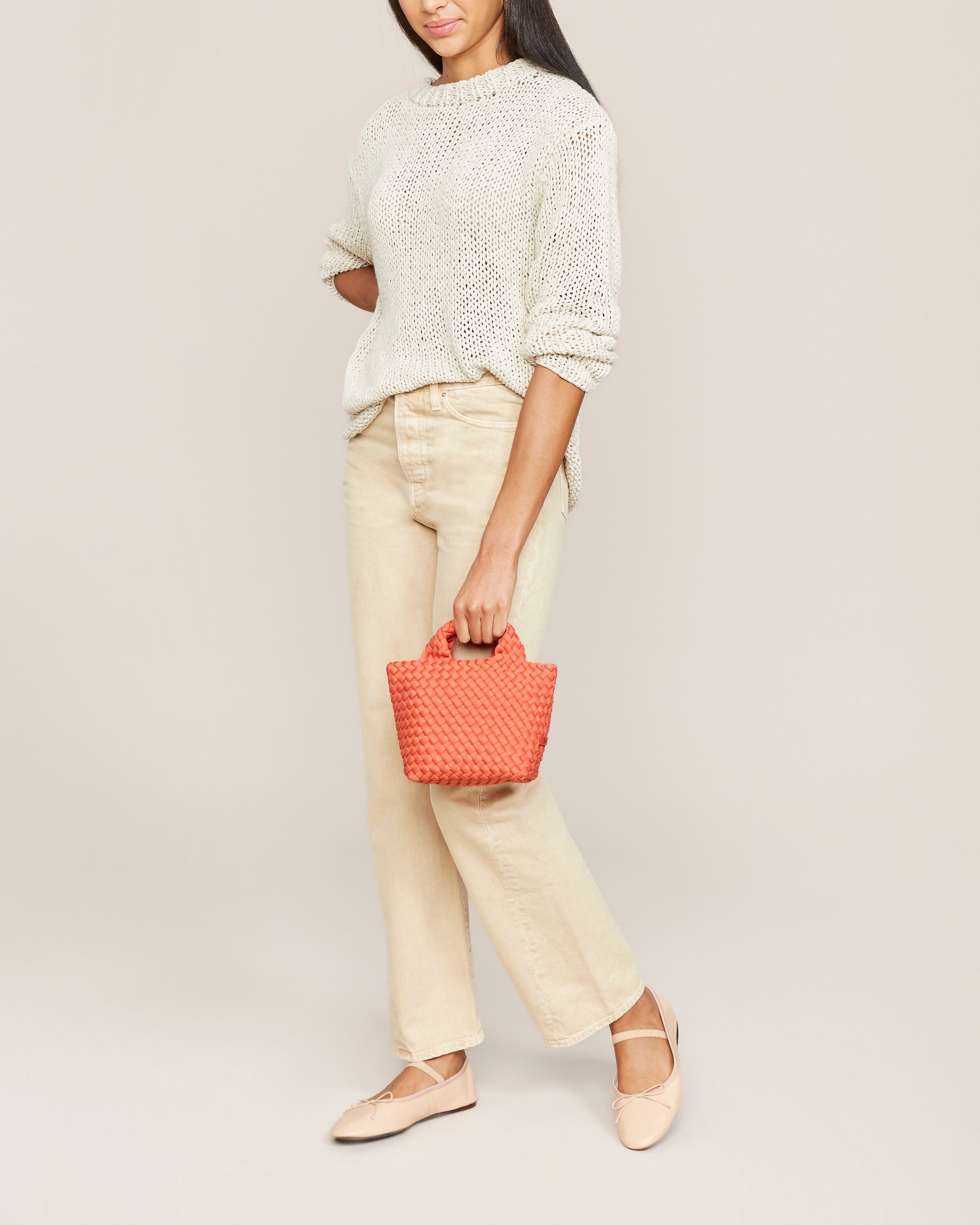 St. Barths Tote in Bonaire shown on model to illustrate scale and soft silhouette.