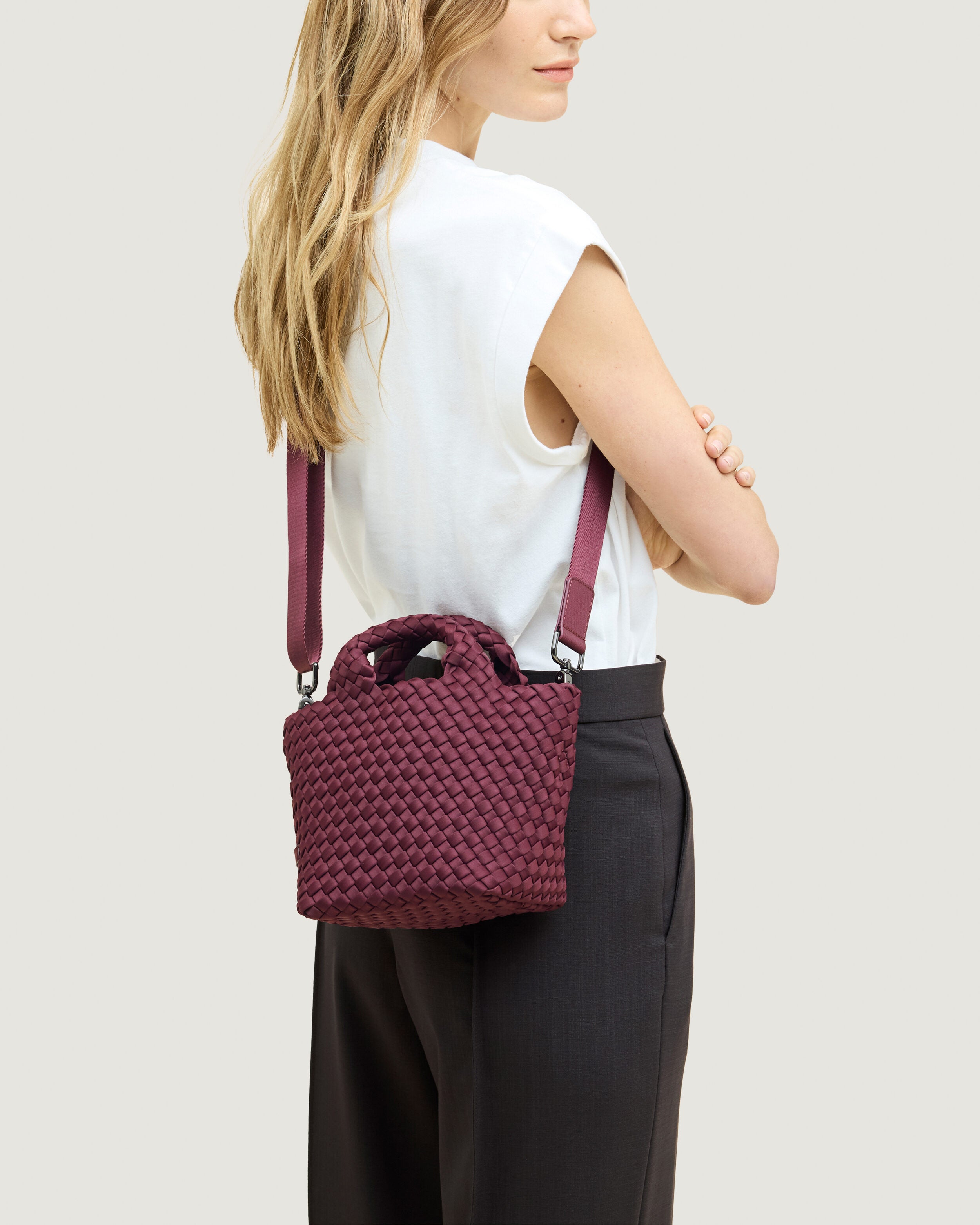 St. Barths Tote in Bordeaux shown on model to illustrate scale and soft silhouette.