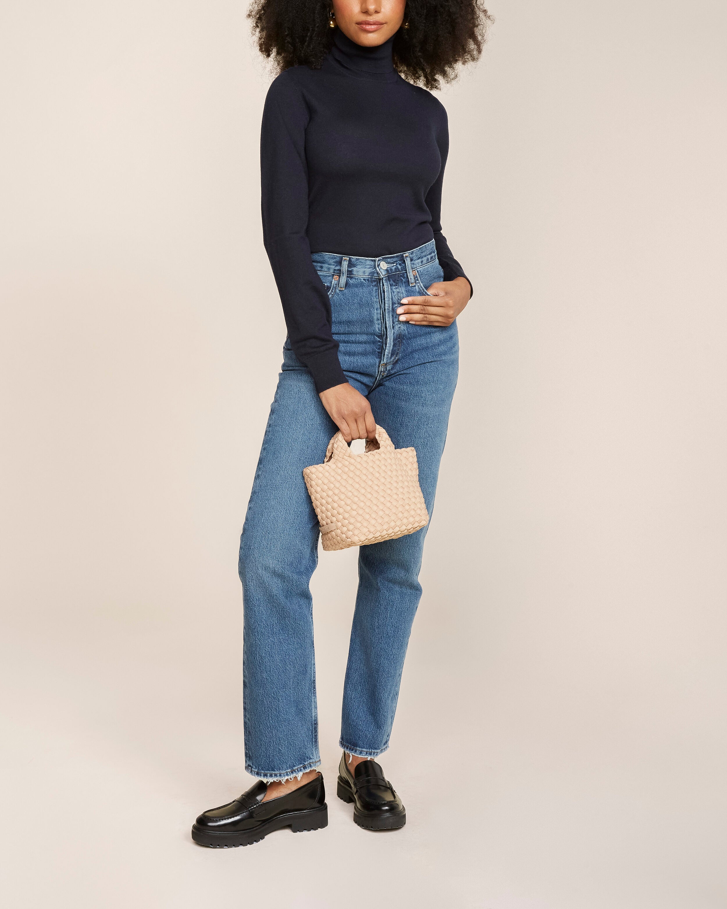 St. Barths Tote in Camel shown on model to illustrate scale and soft silhouette.