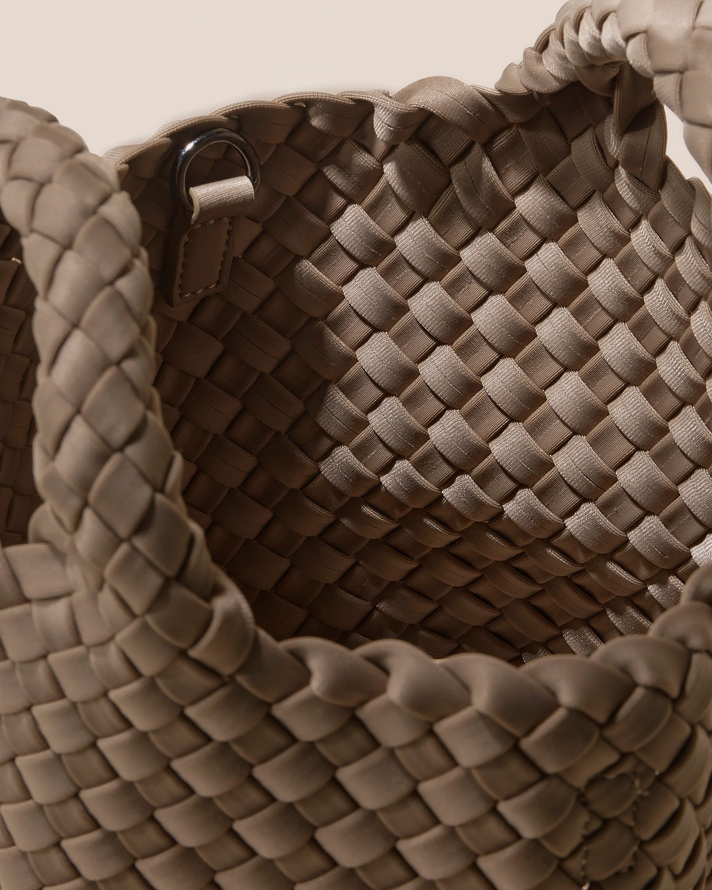 Interior close-up of St. Barths Tote in Cashmere showing its open top, and unlined interior.