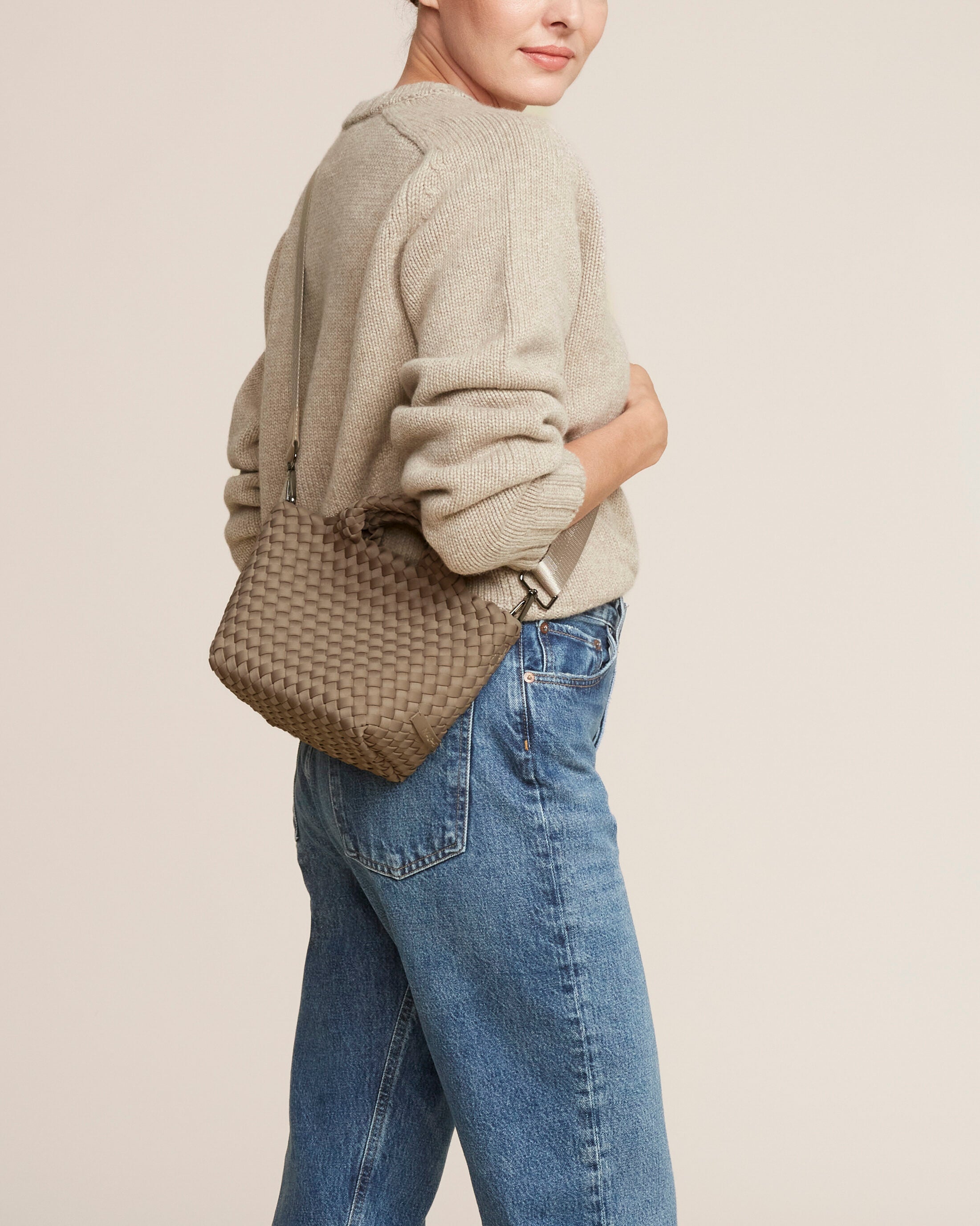 St. Barths Tote in Cashmere shown on model to illustrate scale and soft silhouette.