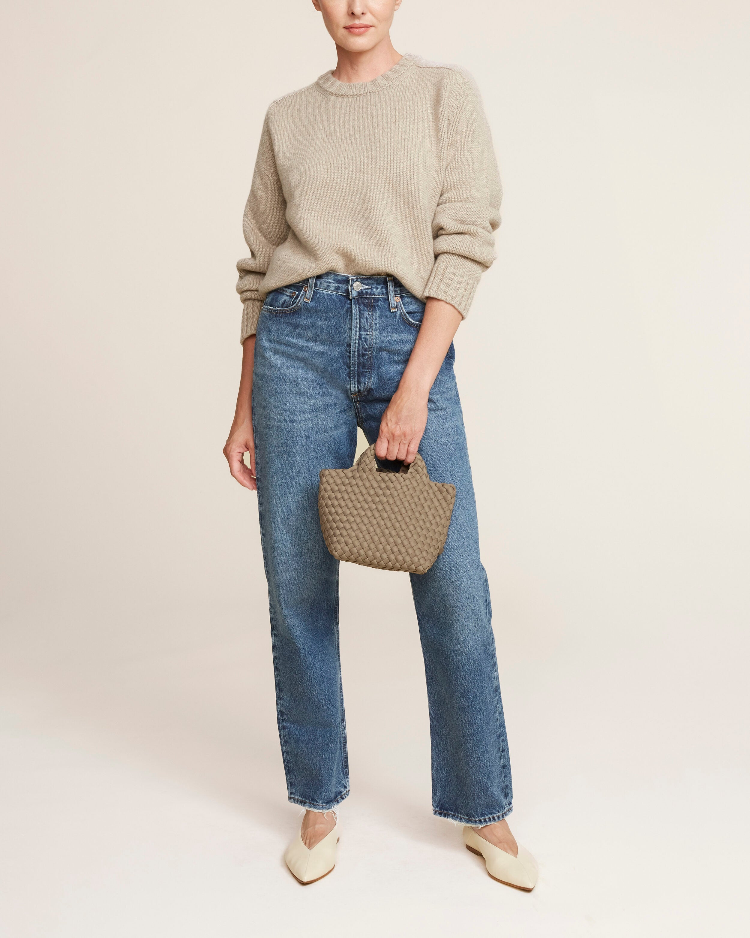 St. Barths Tote in Cashmere shown on model to illustrate scale and soft silhouette.