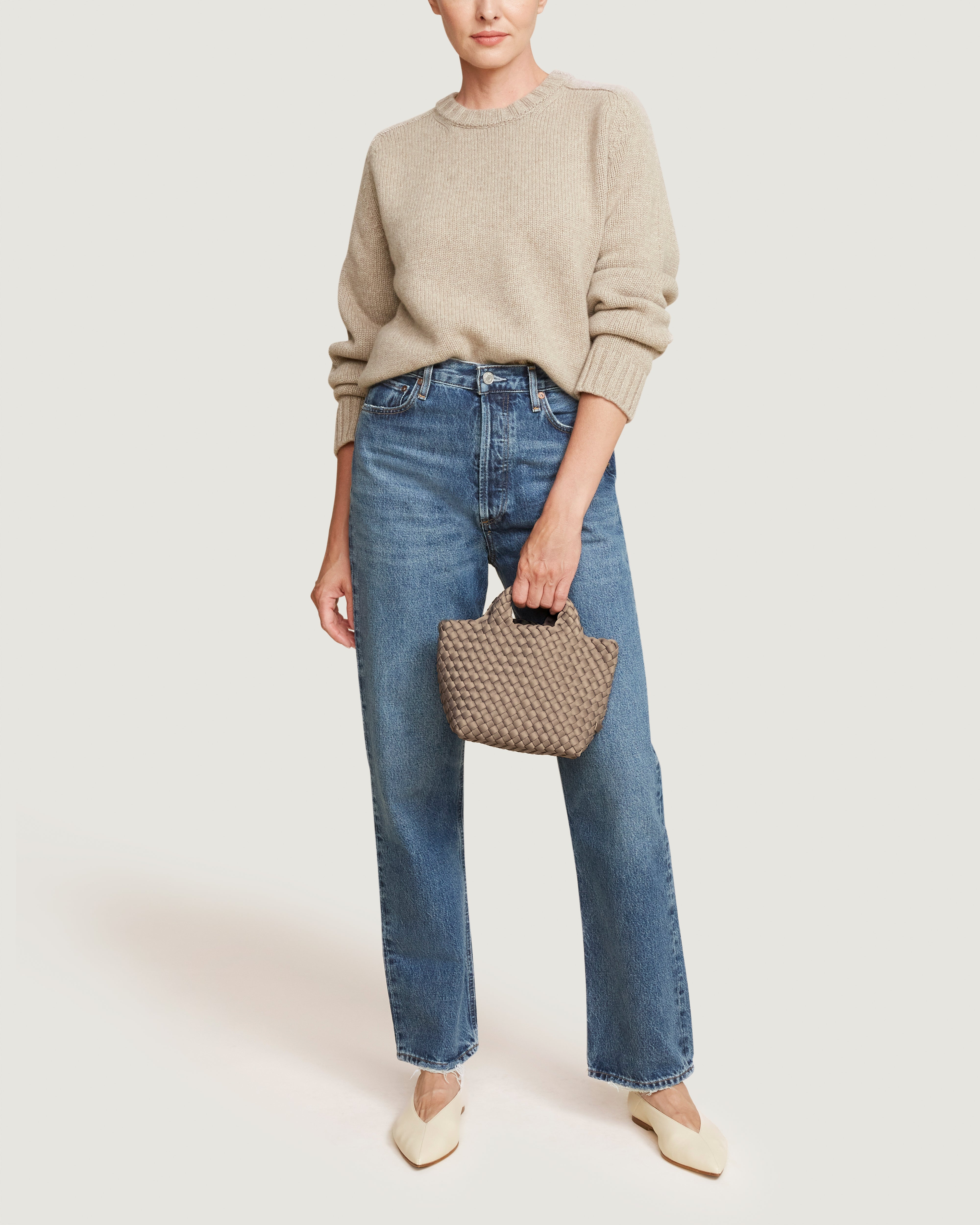 St. Barths Tote in Cashmere shown on model to illustrate scale and soft silhouette.