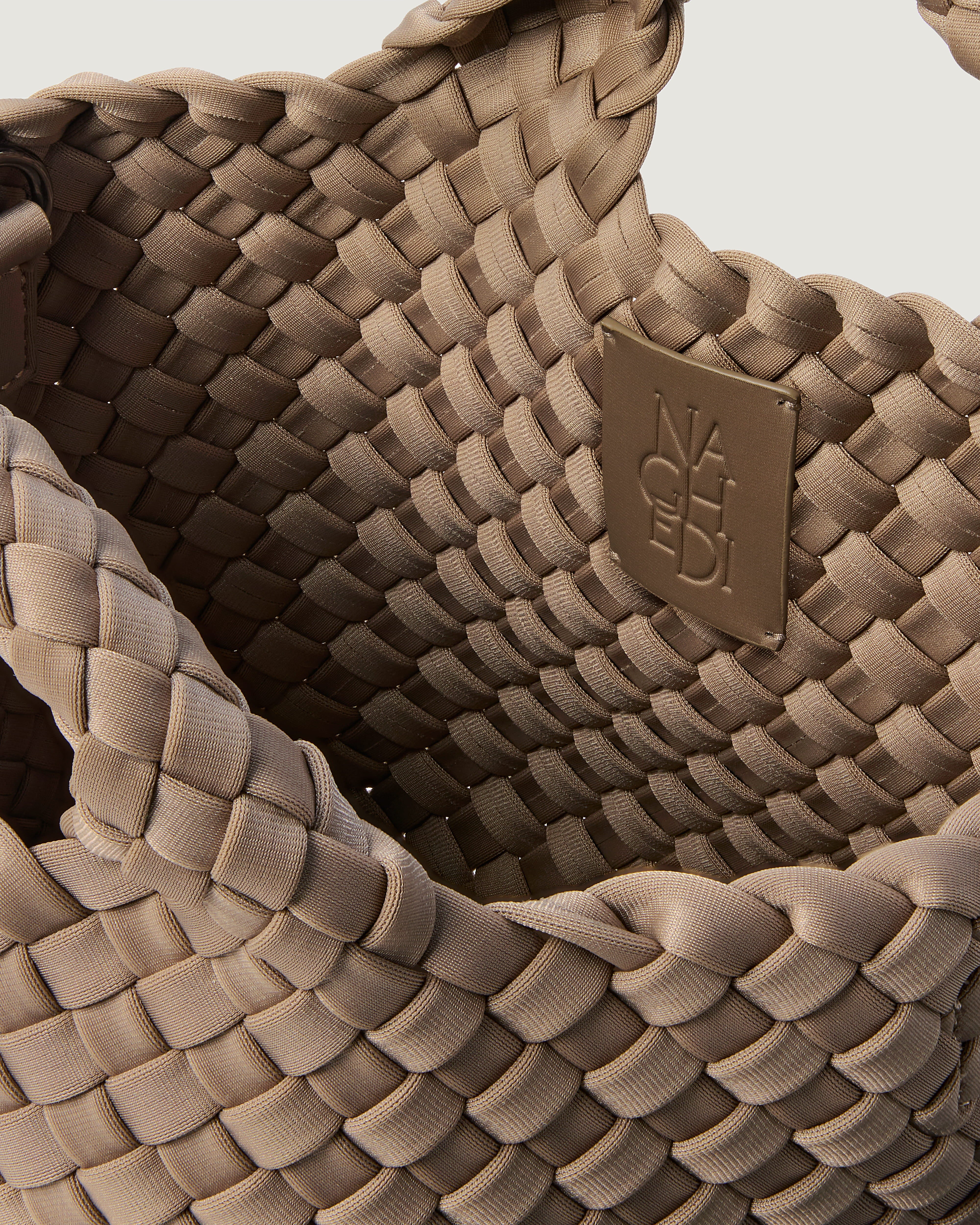 Interior close-up of St. Barths Tote in Cashmere showing its open top, and unlined interior.