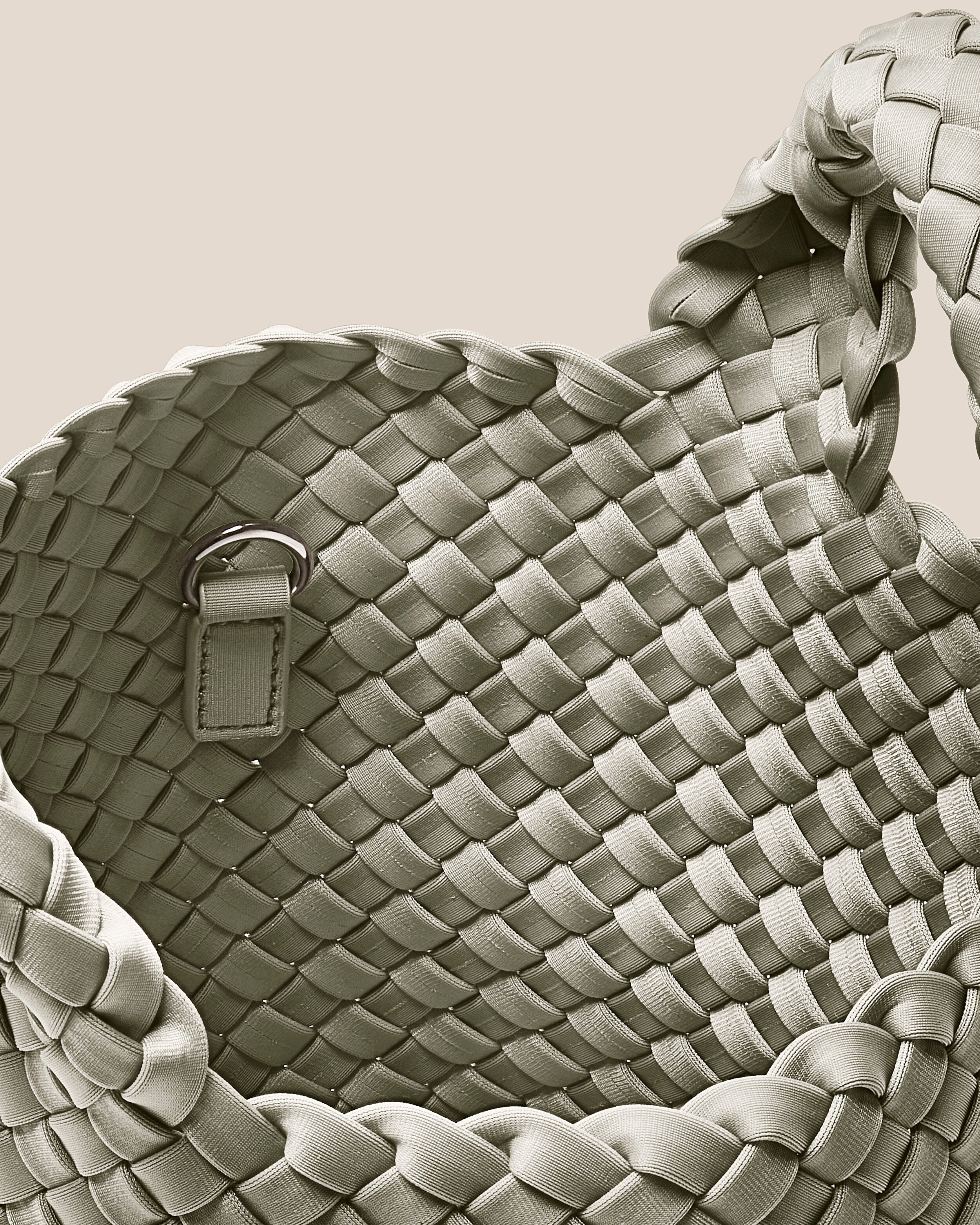 Interior close-up of St. Barths Tote in Celadon showing its open top, and unlined interior.