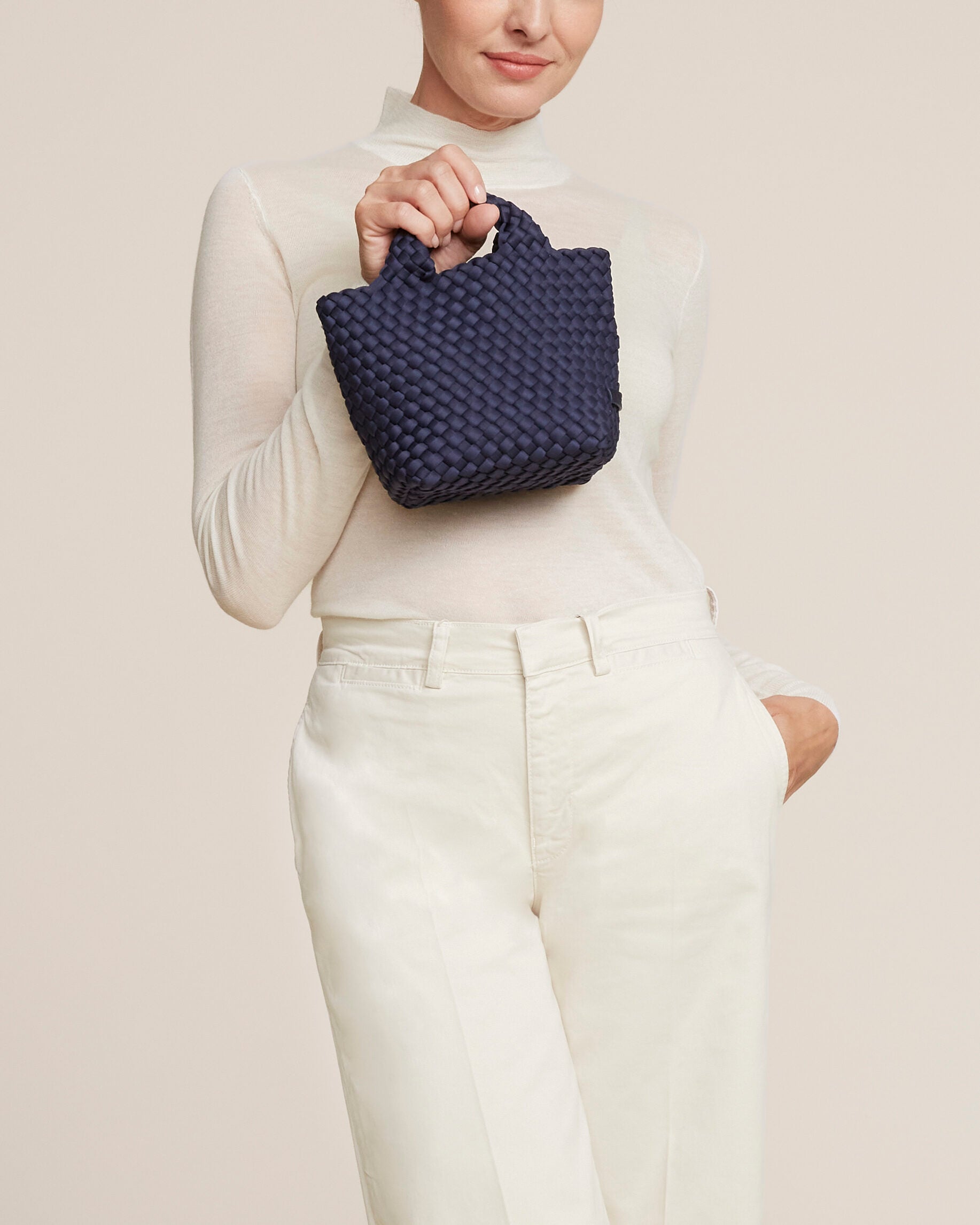 St. Barths Tote in Ink Blue shown on model to illustrate scale and soft silhouette.