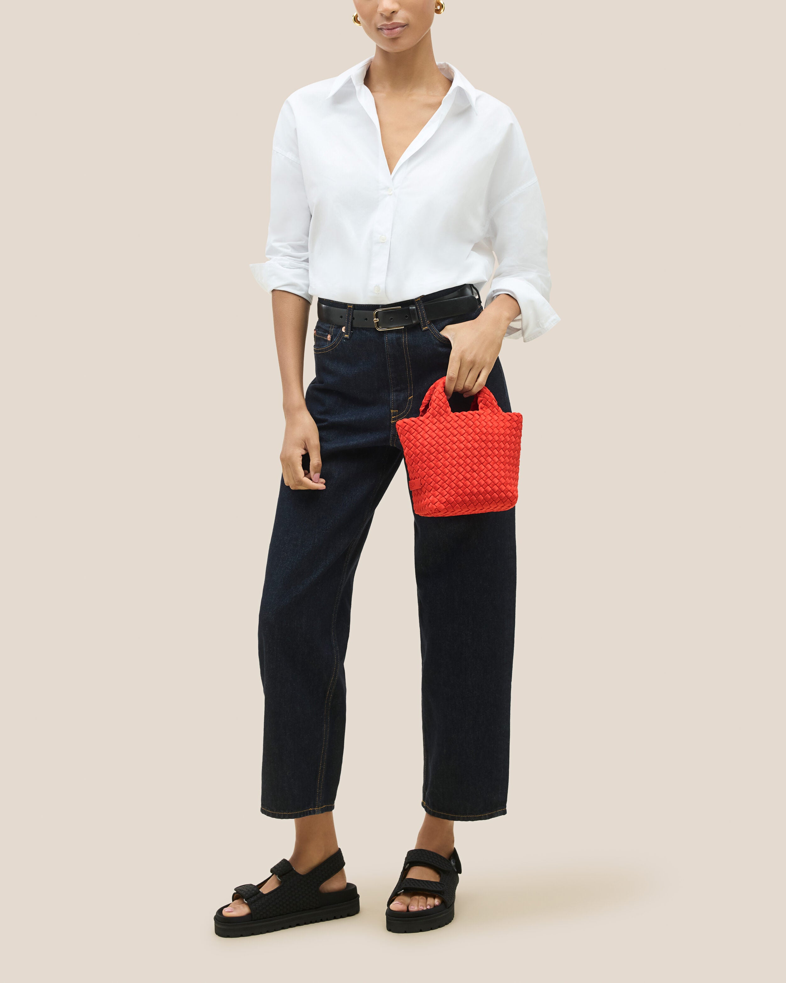 St. Barths Tote in Ipanema shown on model to illustrate scale and soft silhouette.