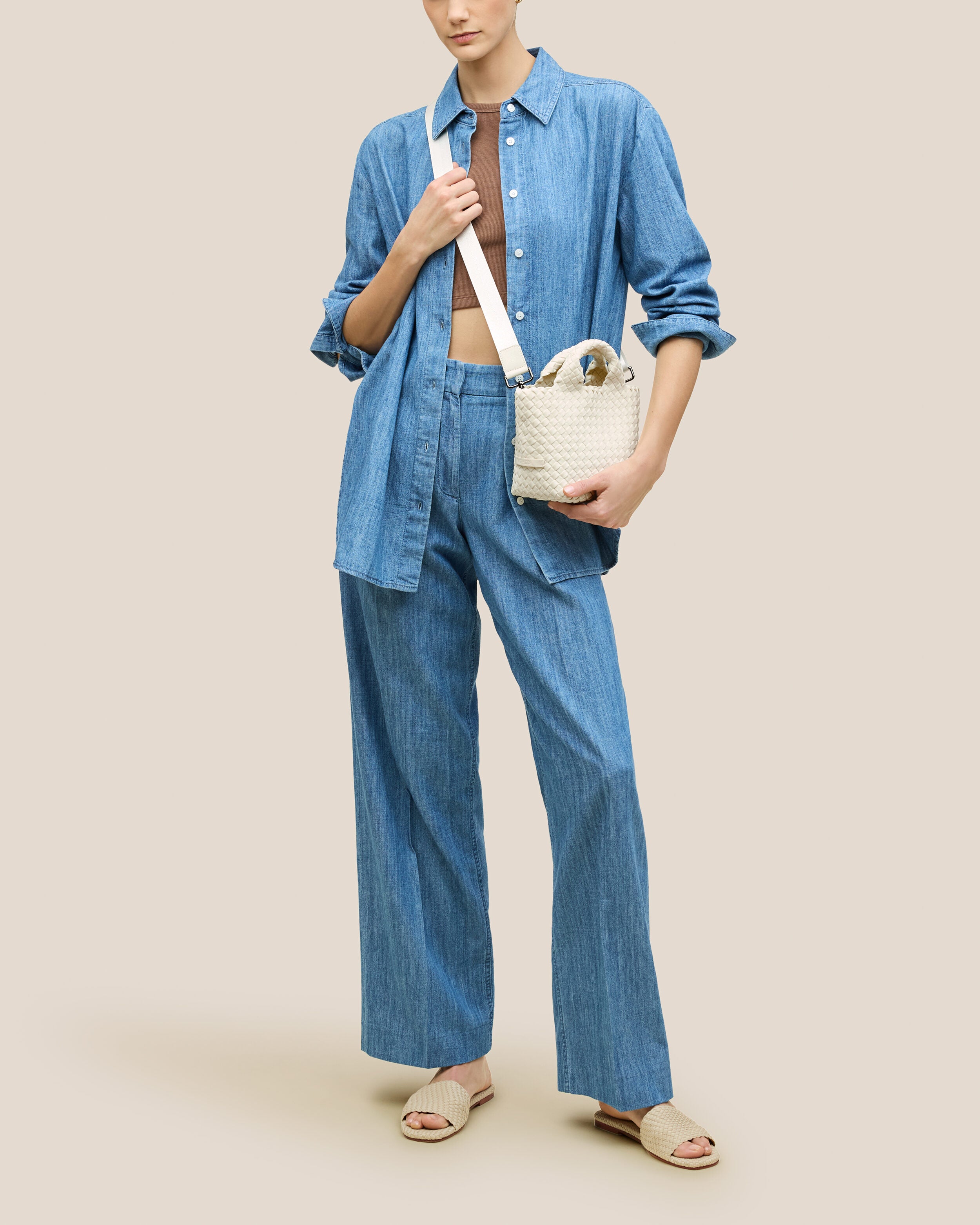 St. Barths Tote in Jasmine shown on model to illustrate scale and soft silhouette.