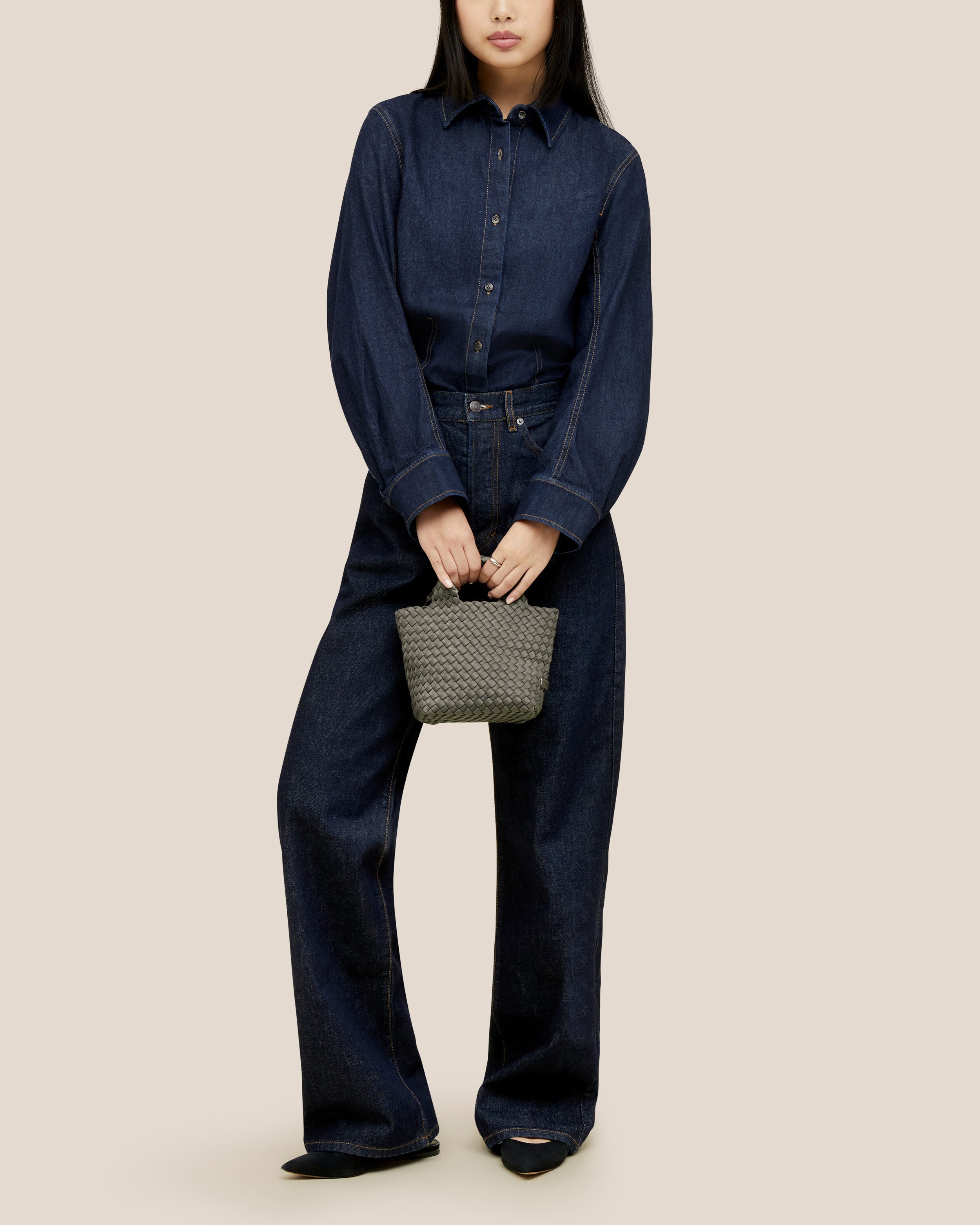 St. Barths Tote in Laurel shown on model to illustrate scale and soft silhouette.