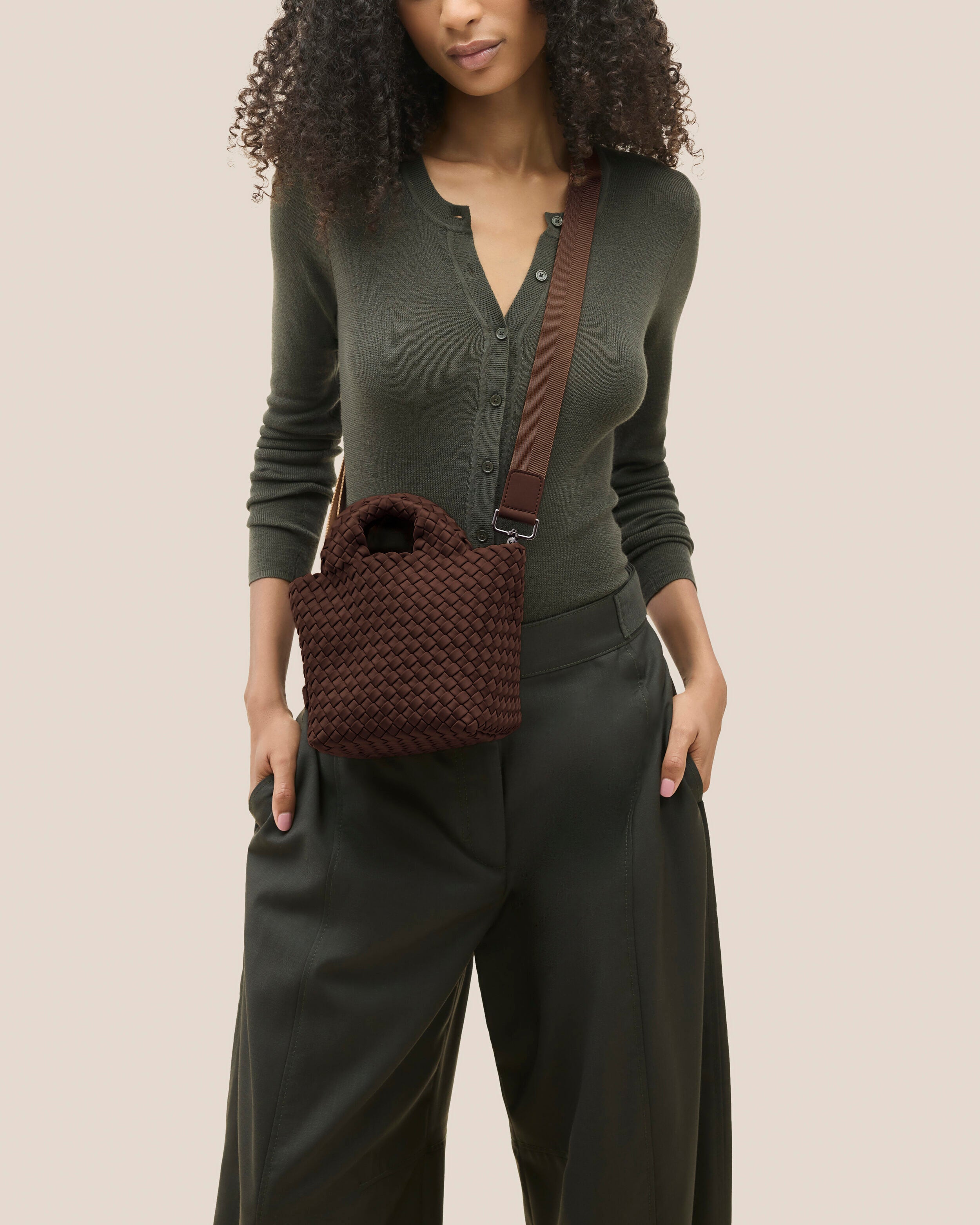 St. Barths Tote in Mocha shown on model to illustrate scale and soft silhouette.