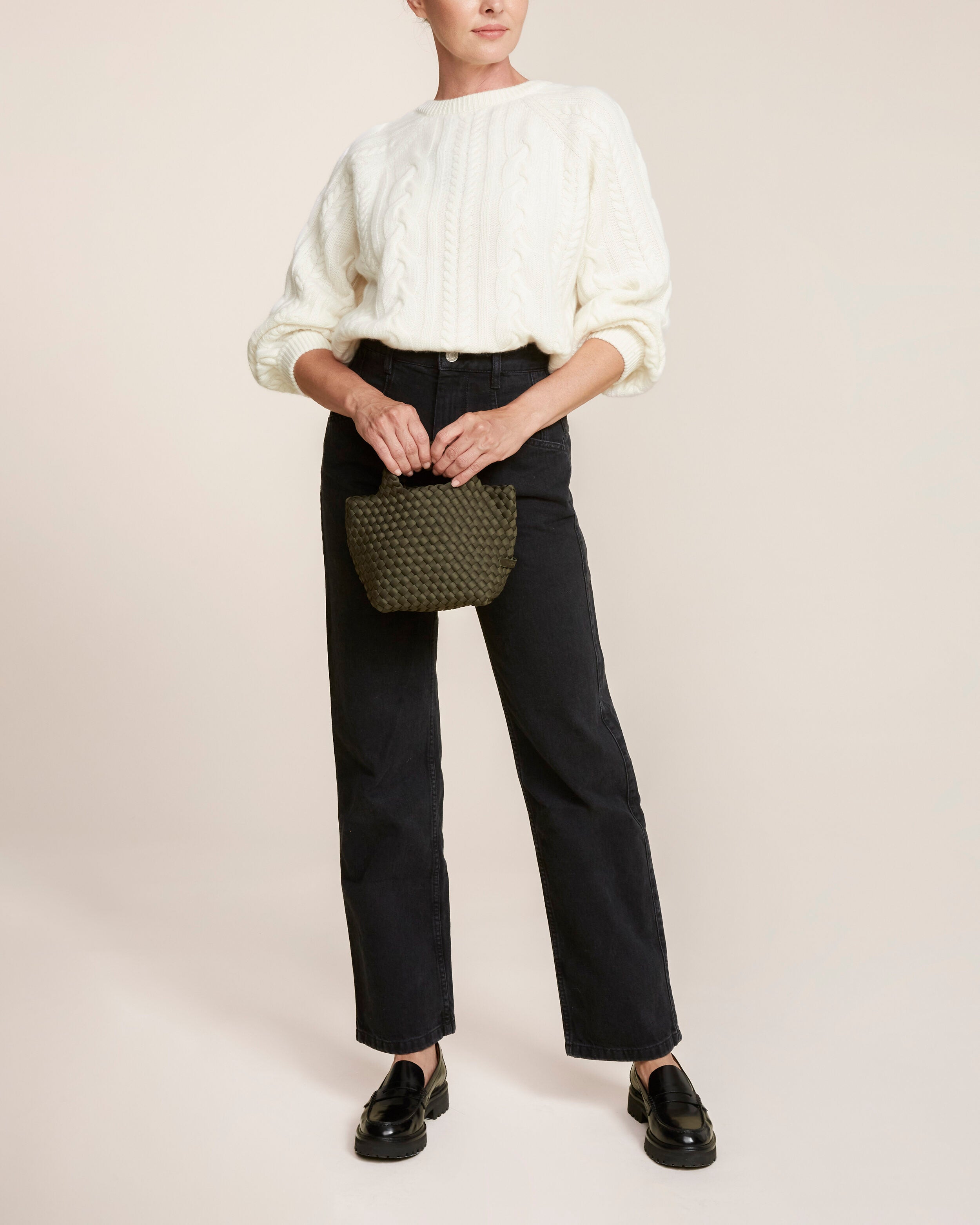 St. Barths Tote in Olive shown on model to illustrate scale and soft silhouette.