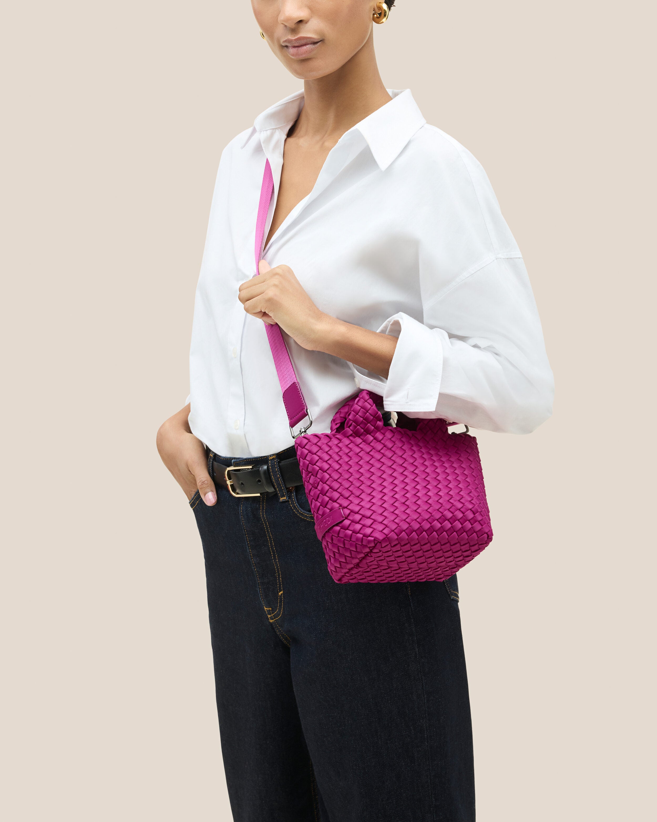 St. Barths Tote in Rio shown on model to illustrate scale and soft silhouette.