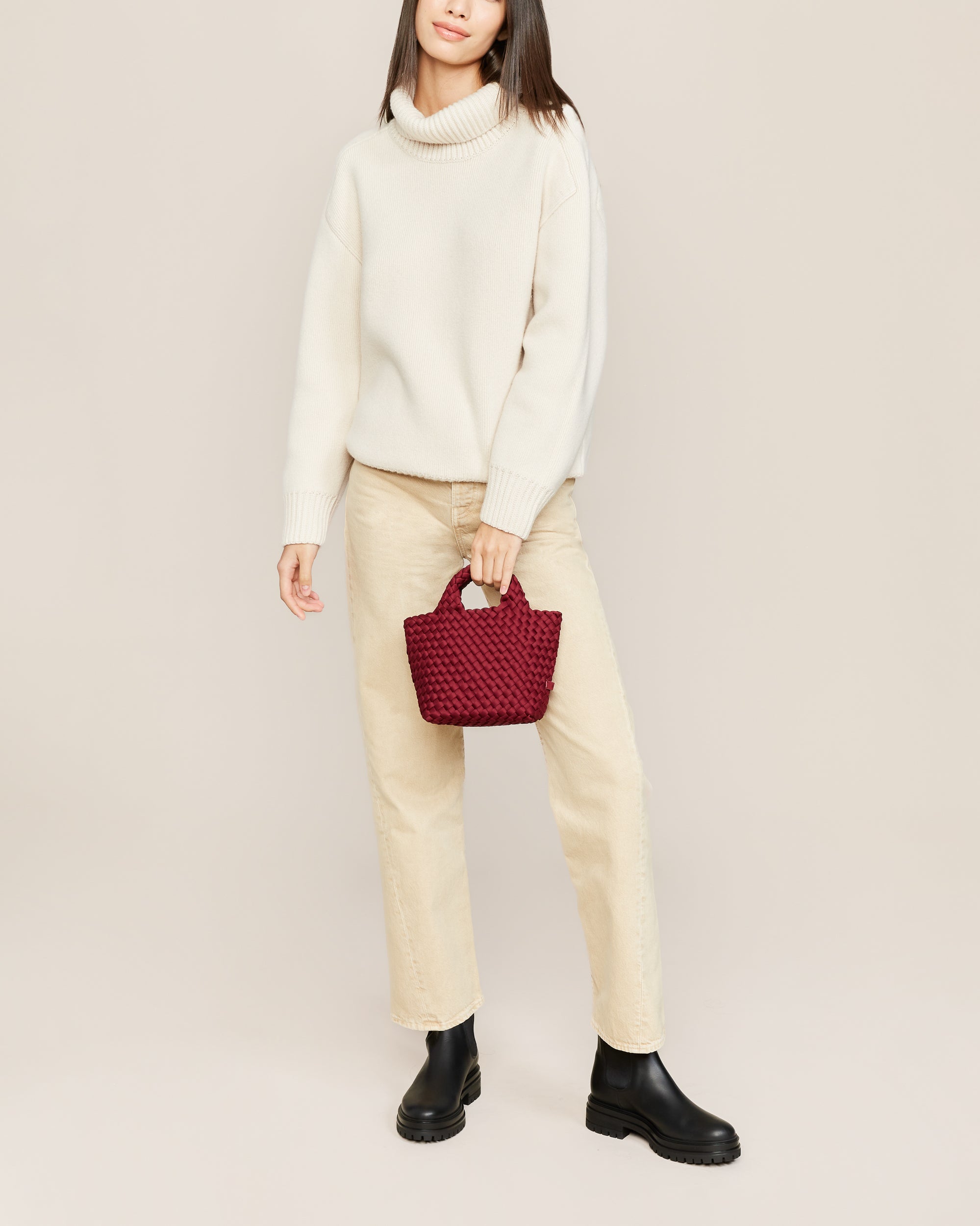 St. Barths Petit Tote Bag in Rosewood shown on model to illustrate scale and soft silhouette.