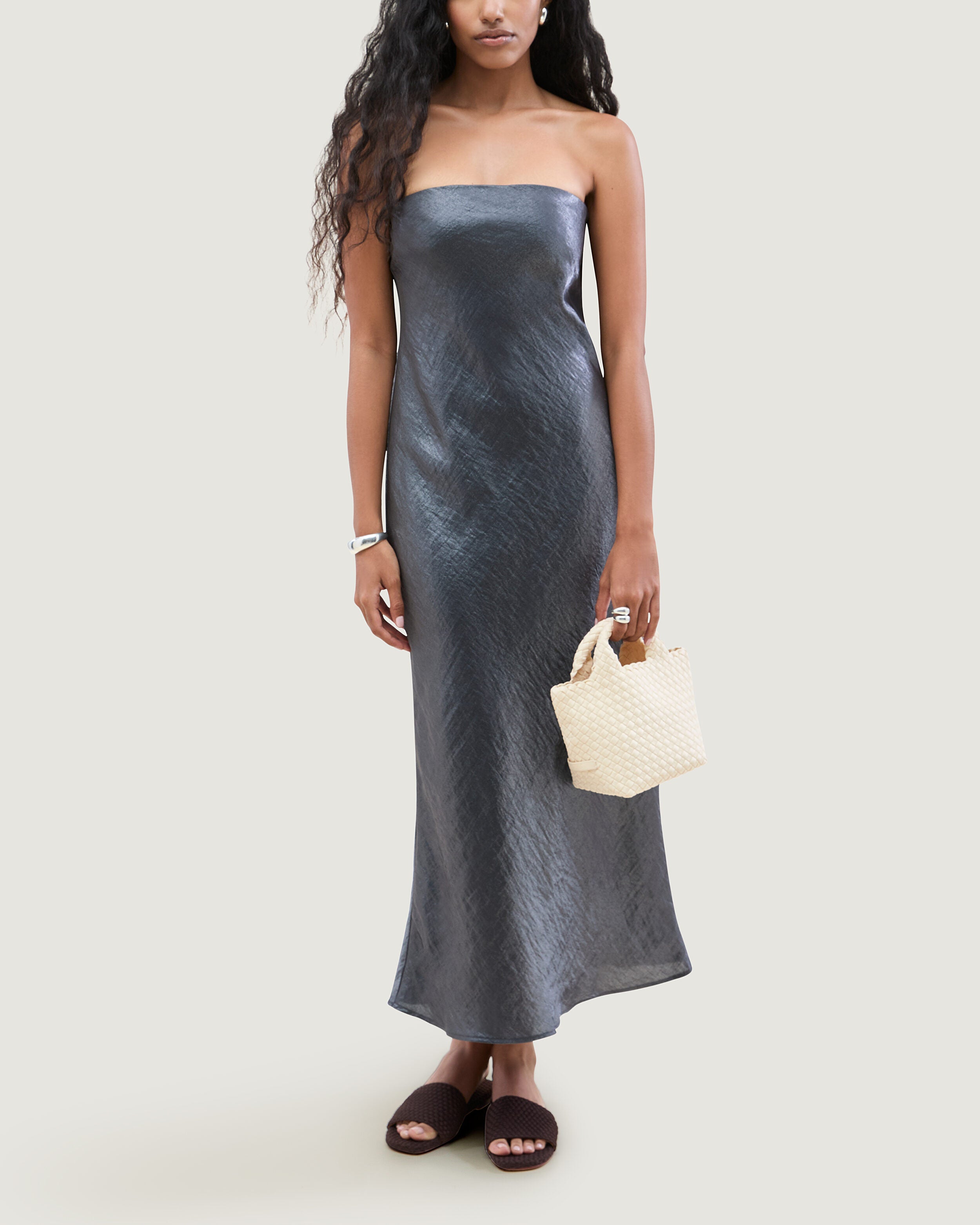 St. Barths Tote in Salt shown on model to illustrate scale and soft silhouette.