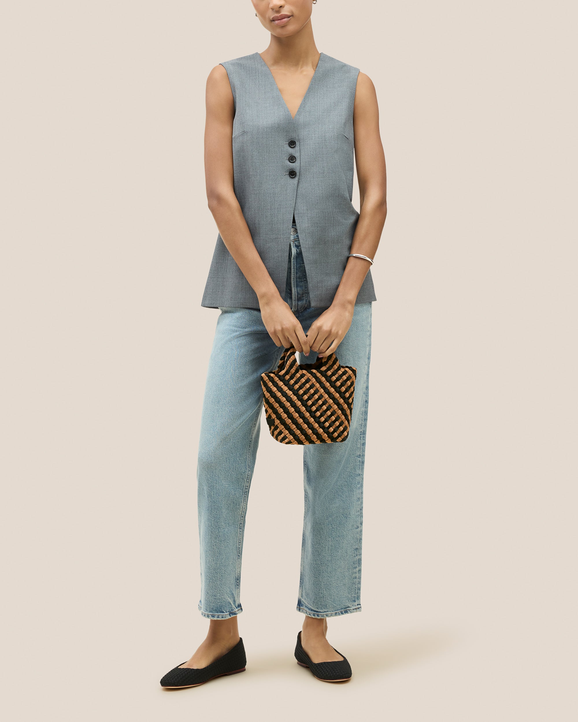 St. Barths Petit Tote Striped Geo in Ravenna | On Model Full Body