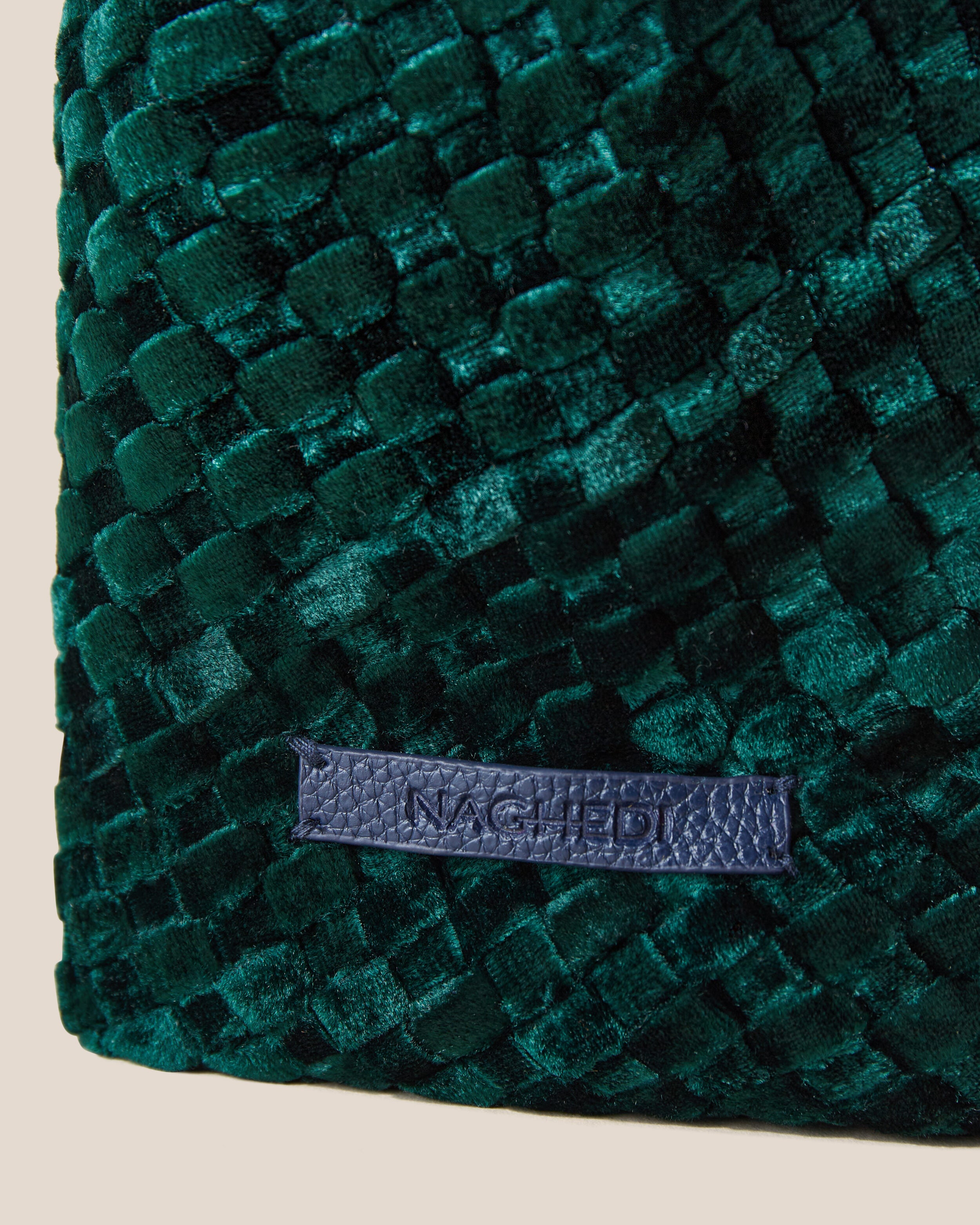 Close-up of stamped NAGHEDI logo on St. Barths Tote in Emerald.