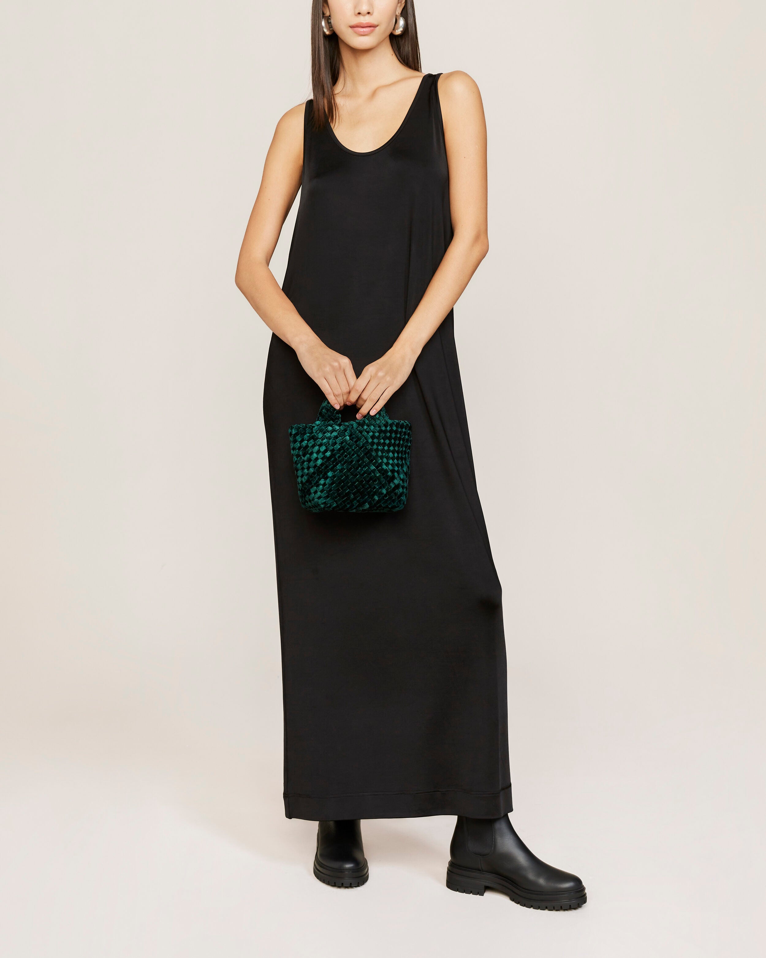 St. Barths Tote in Emerald shown on model to illustrate scale and soft silhouette.