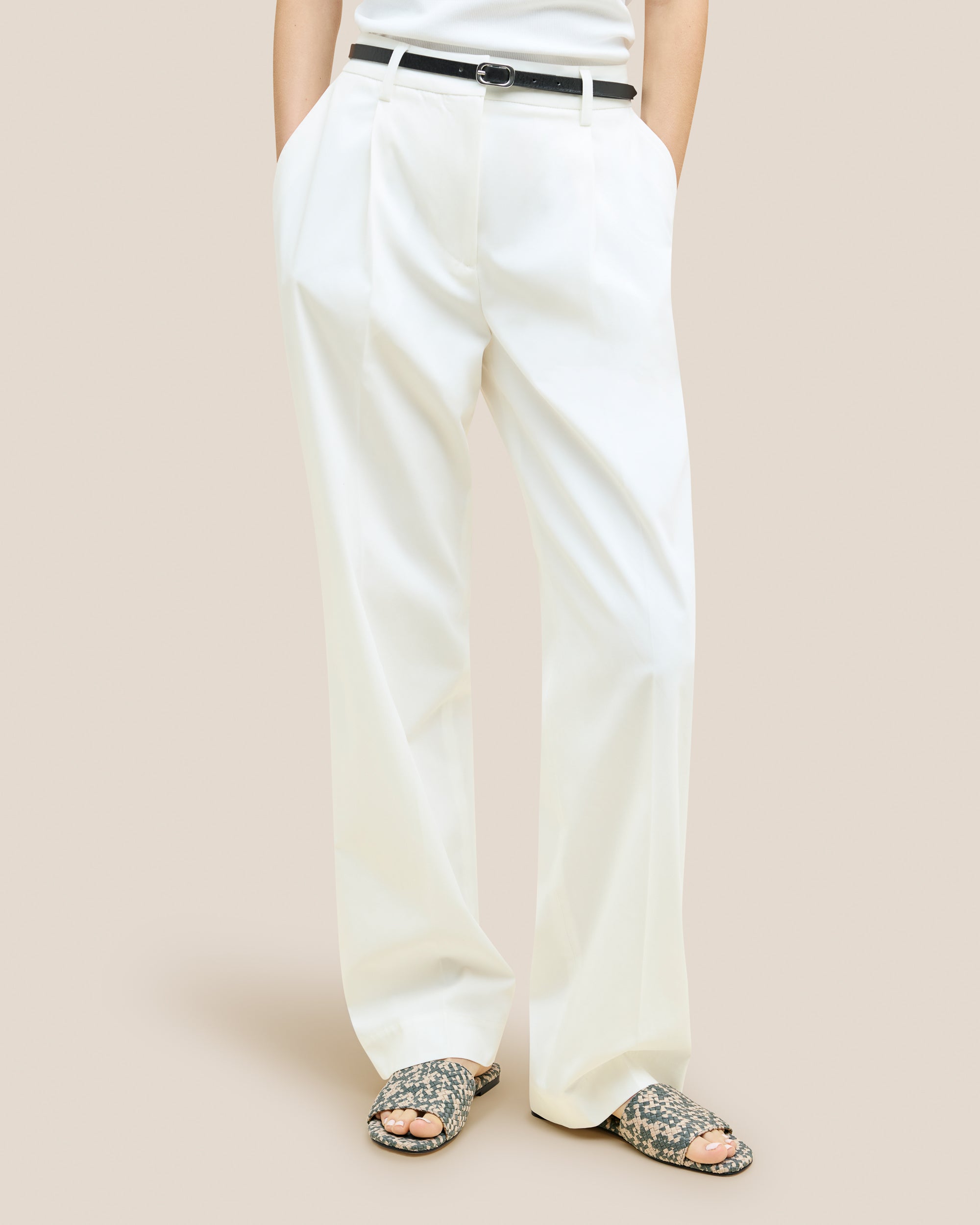 St. Barths Prism Slide Sandals in Papyrus shown on model.