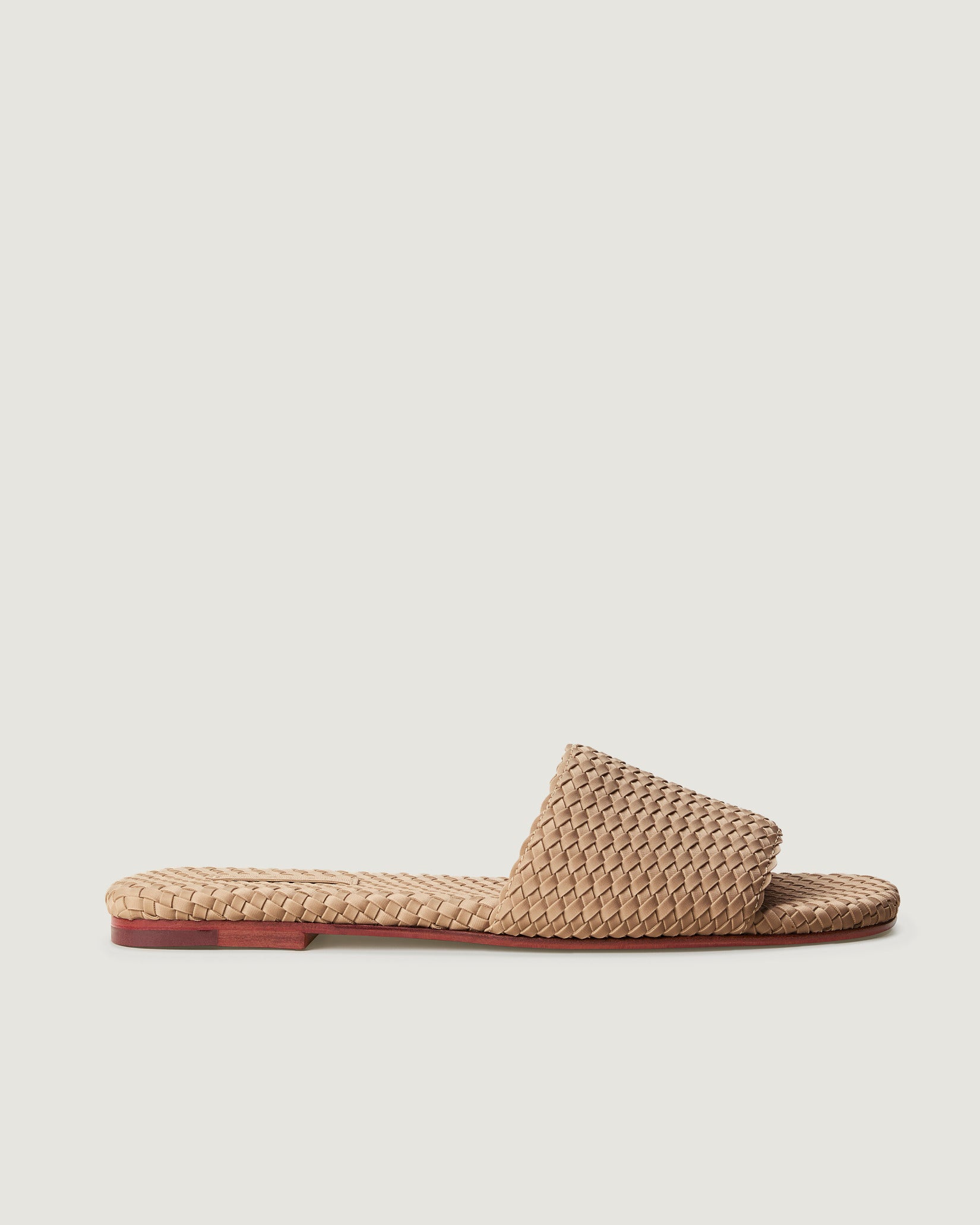 Side view of St. Barths Slide Sandals in Camel, a camel brown tone, featuring an open toe and square silhouette.