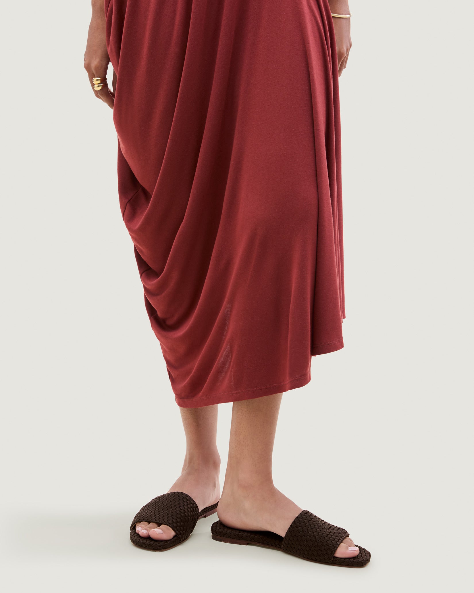 St. Barths Slide Sandals in Chocolate shown on model.