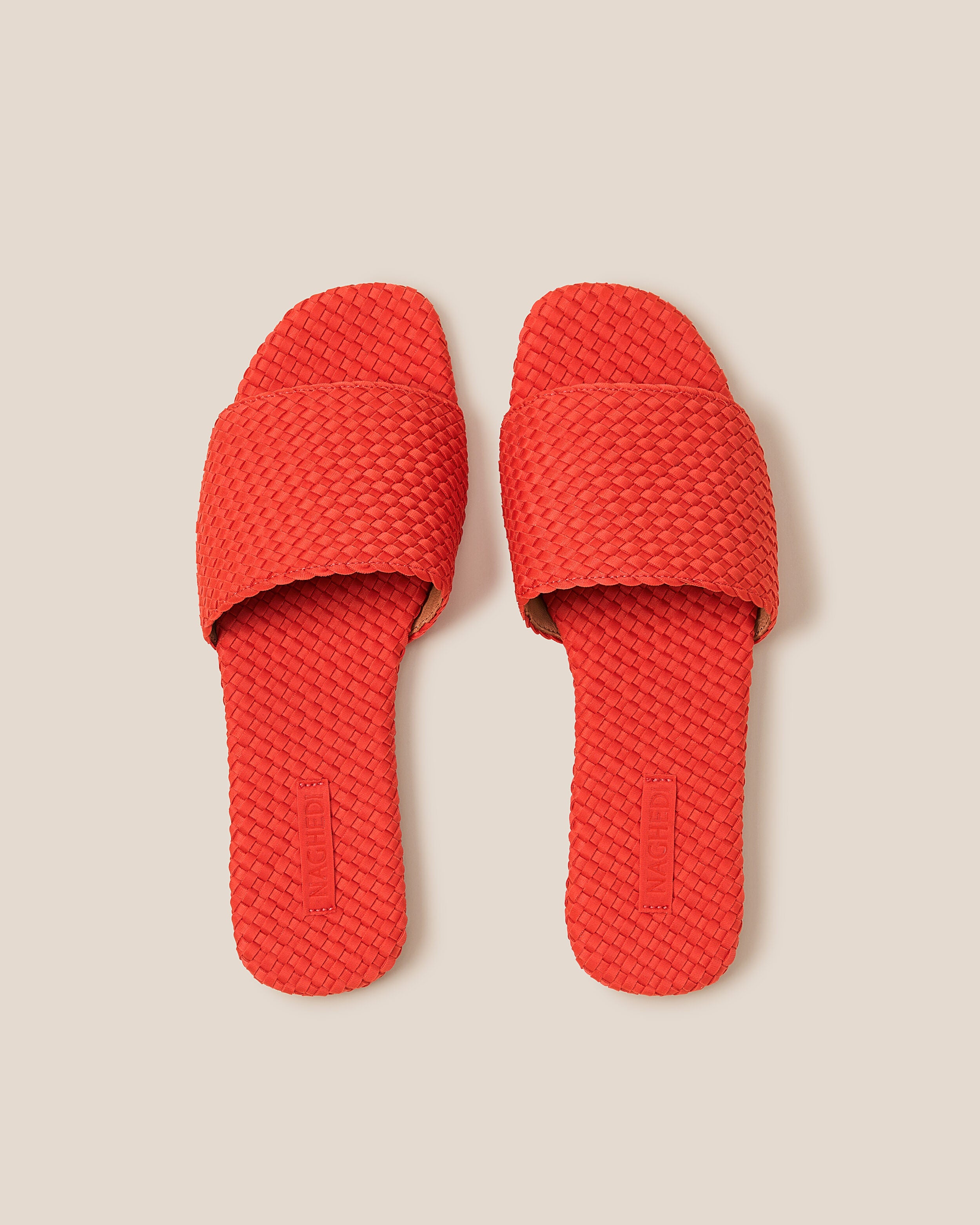 Top view of pair of The St. Barths Slide in Ipanema showing the handwoven neoprene insole.