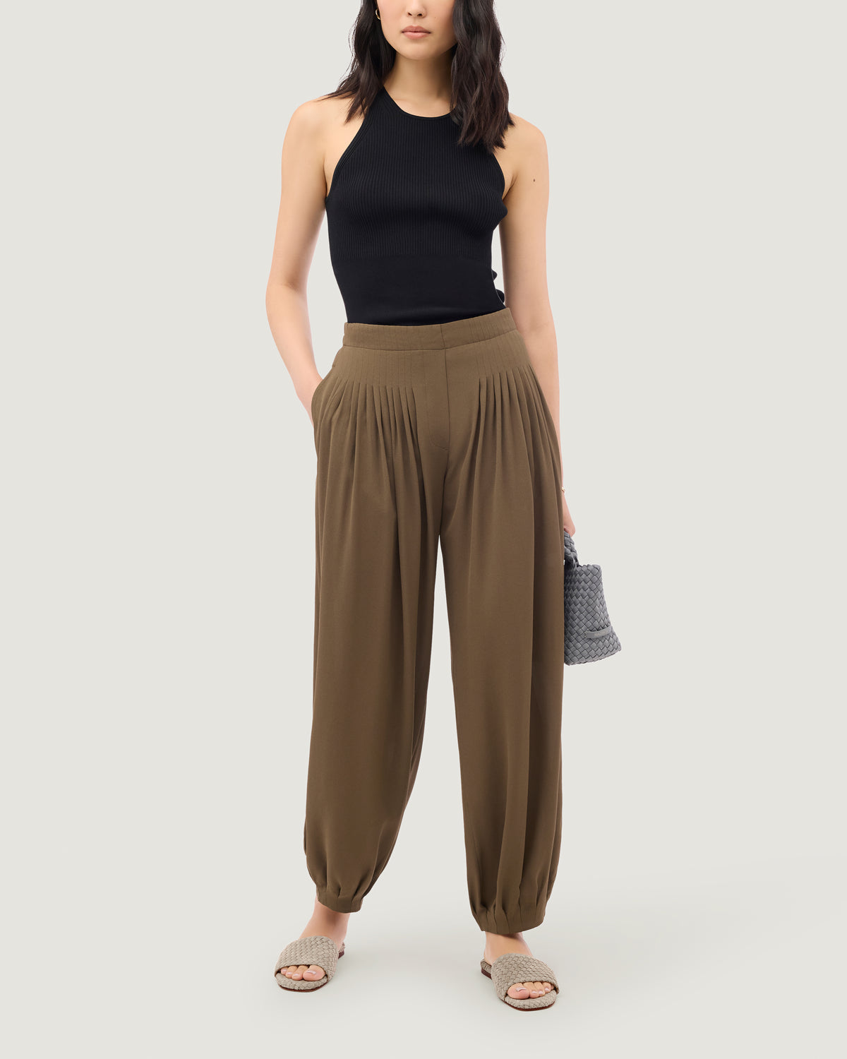 The St. Barths Slide in Linen shown on model.