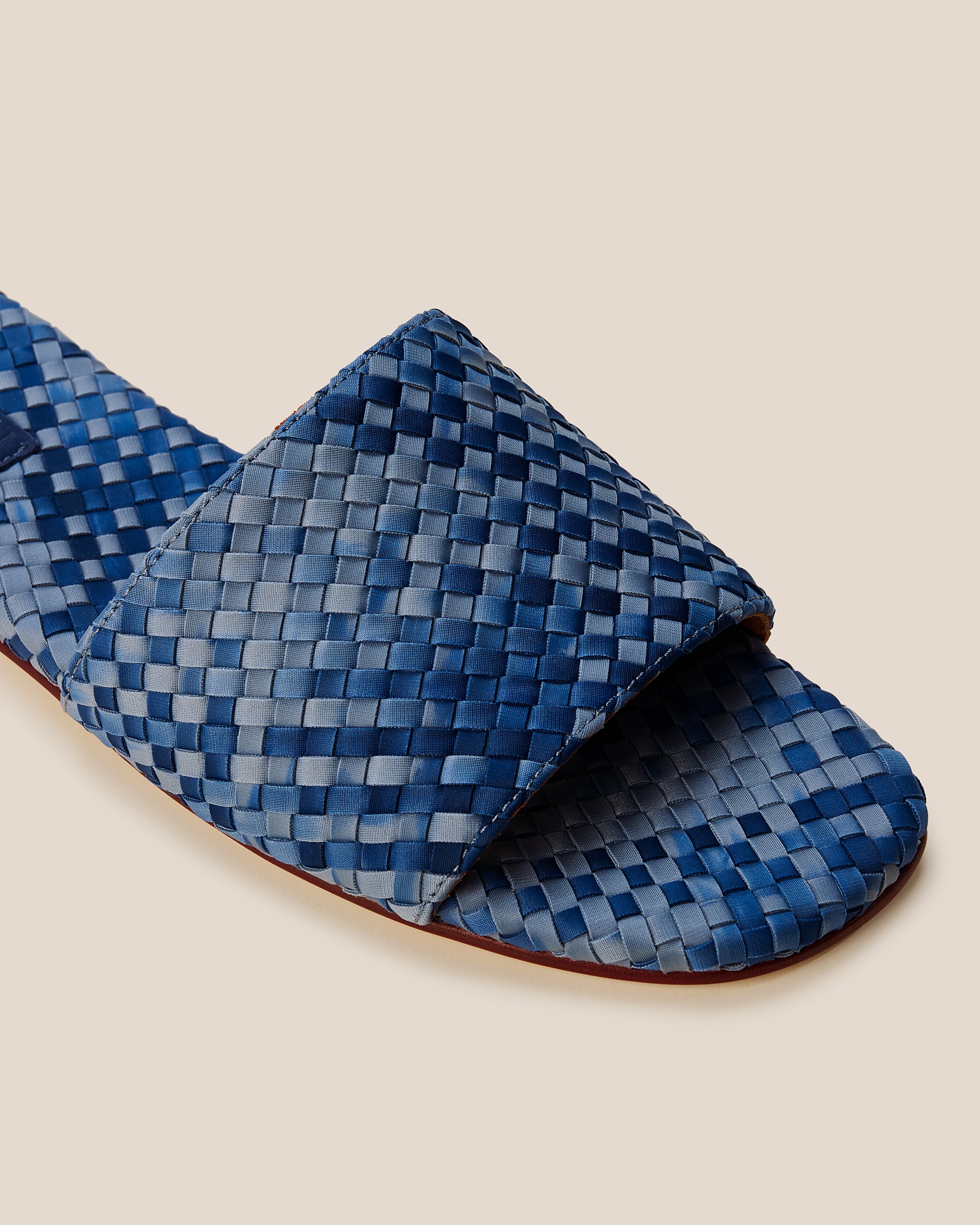 Close-up of St. Barths Watercolor Slide Sandals in Paros showing its open toe and square silhouette.