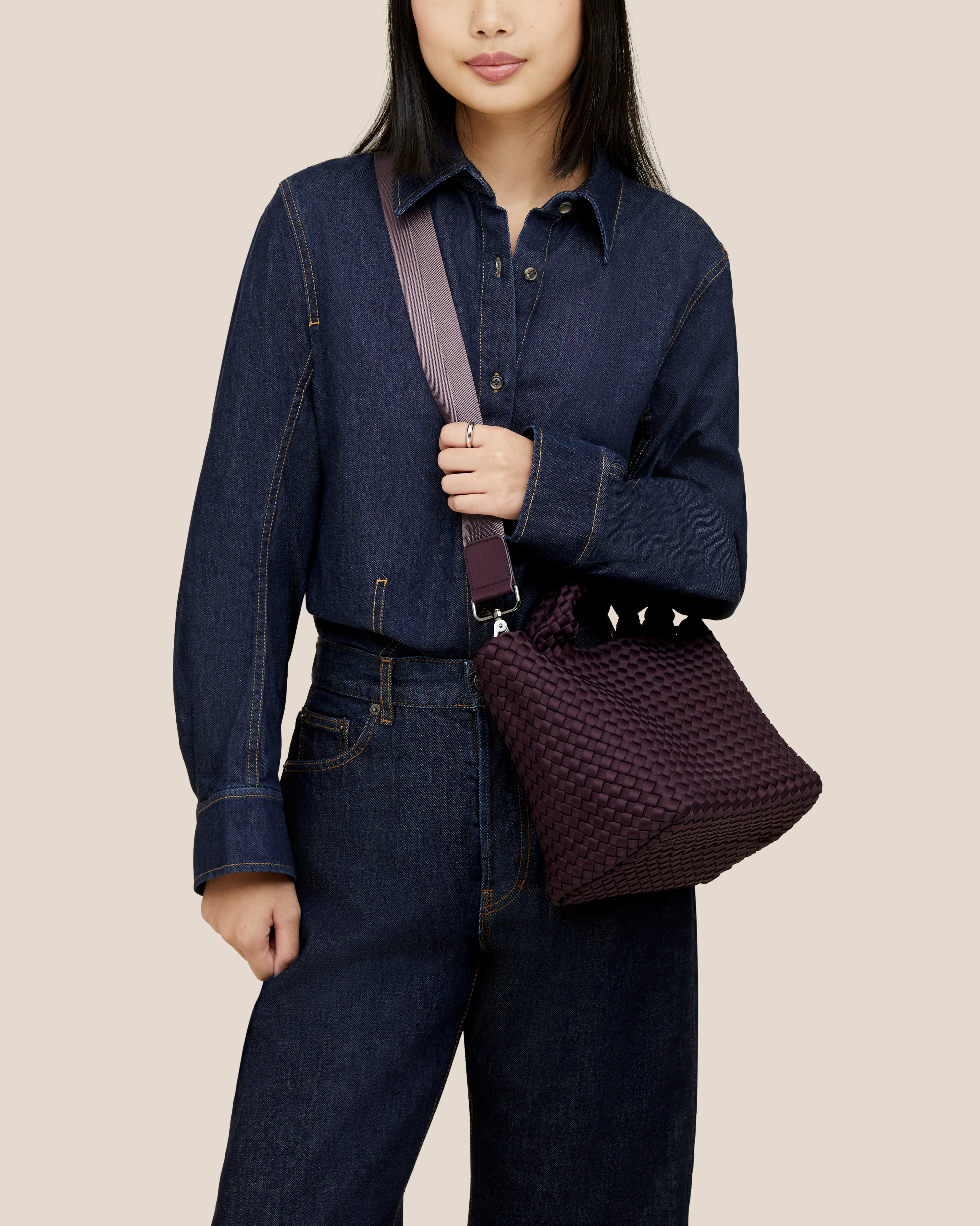 St. Barths Small Tote | Aubergine | On Model Close