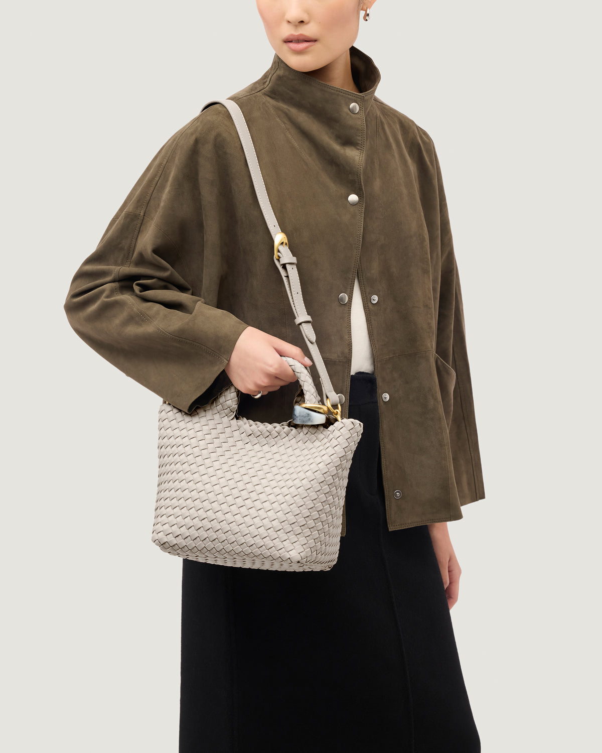 St. Barths Tote in Linen shown on model to illustrate scale and soft silhouette.