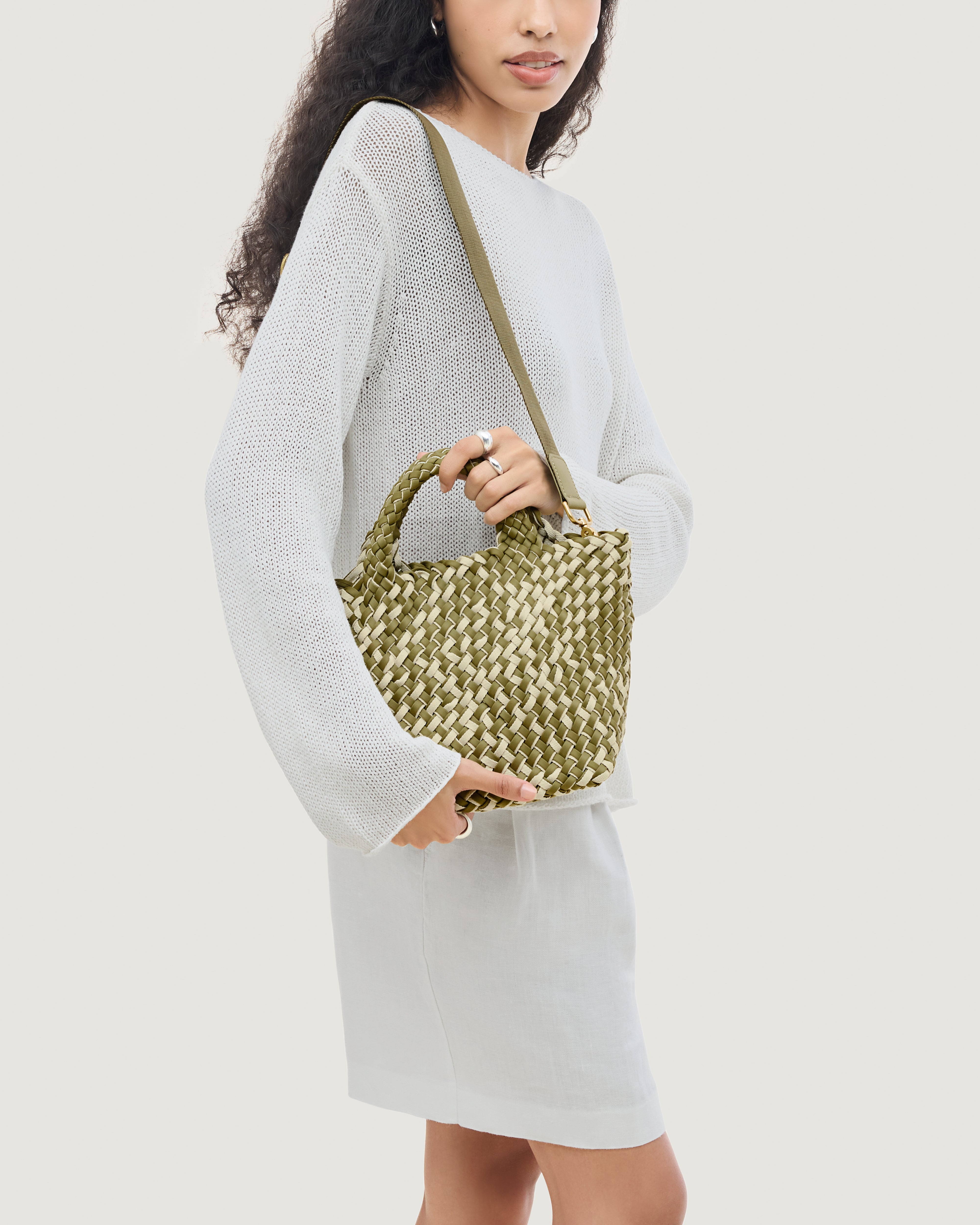 St. Barths Tote in Oletta shown on model to illustrate scale and soft silhouette.