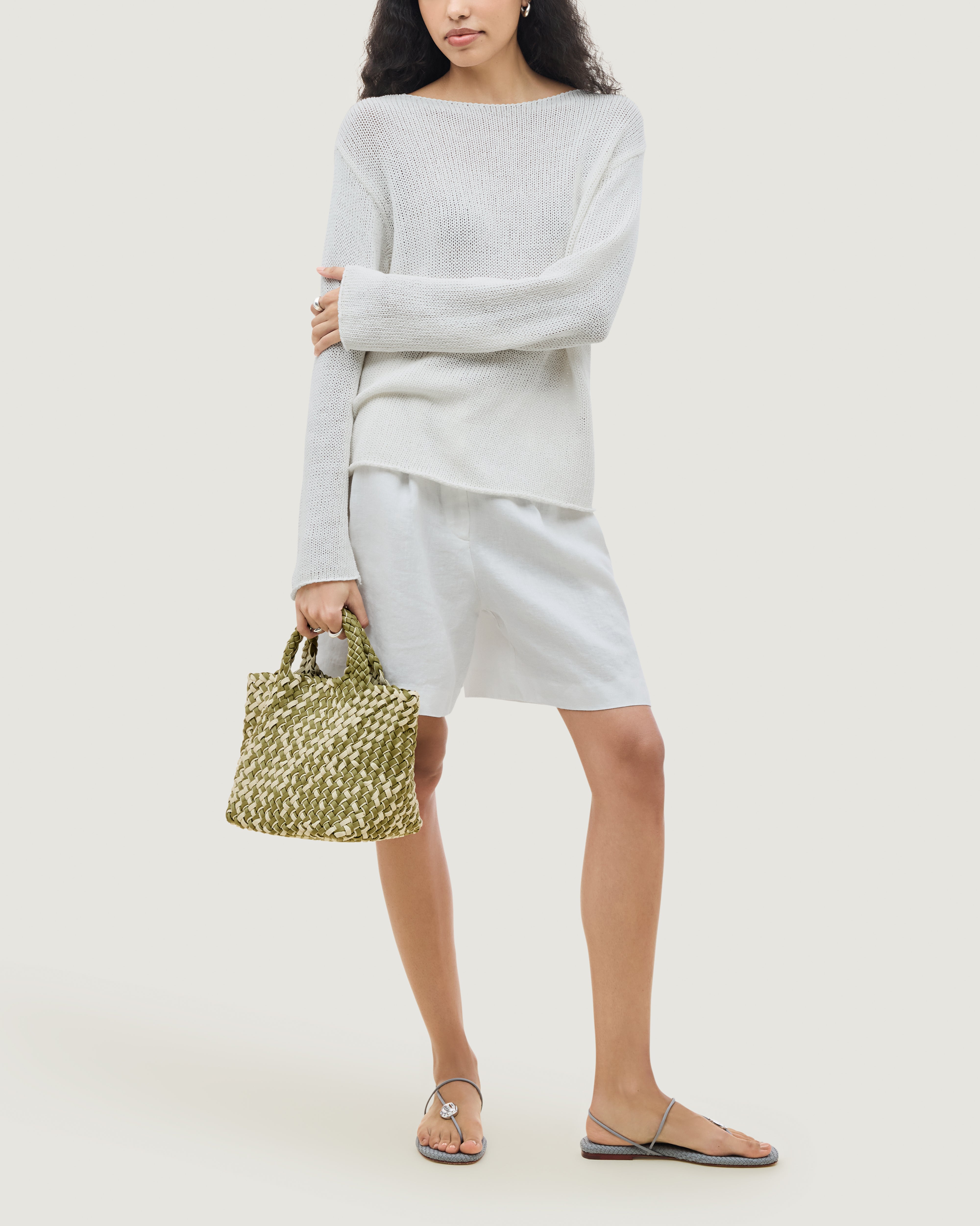 St. Barths Tote in Oletta shown on model to illustrate scale and soft silhouette.