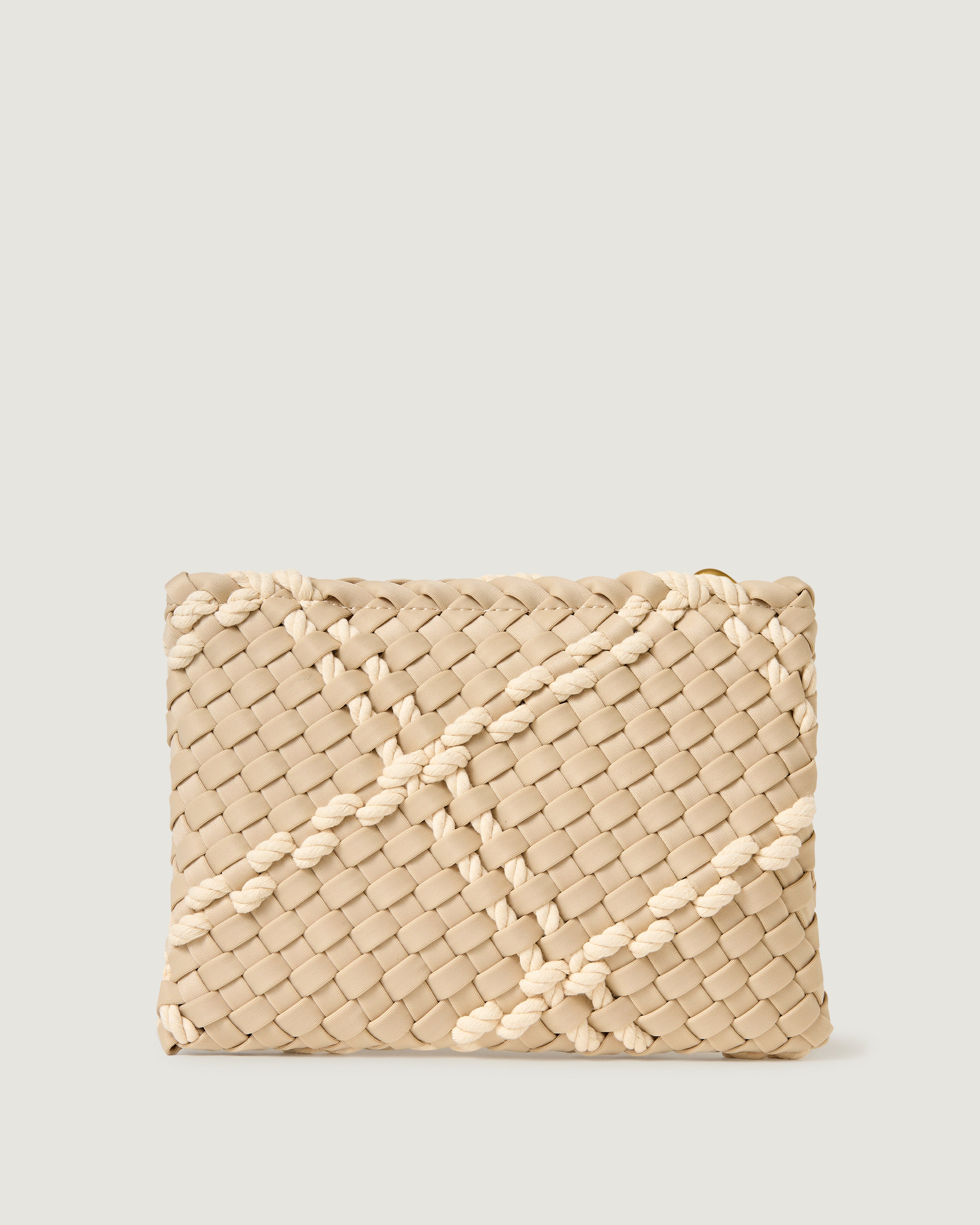 Close-up of included matching woven zippered pouch.