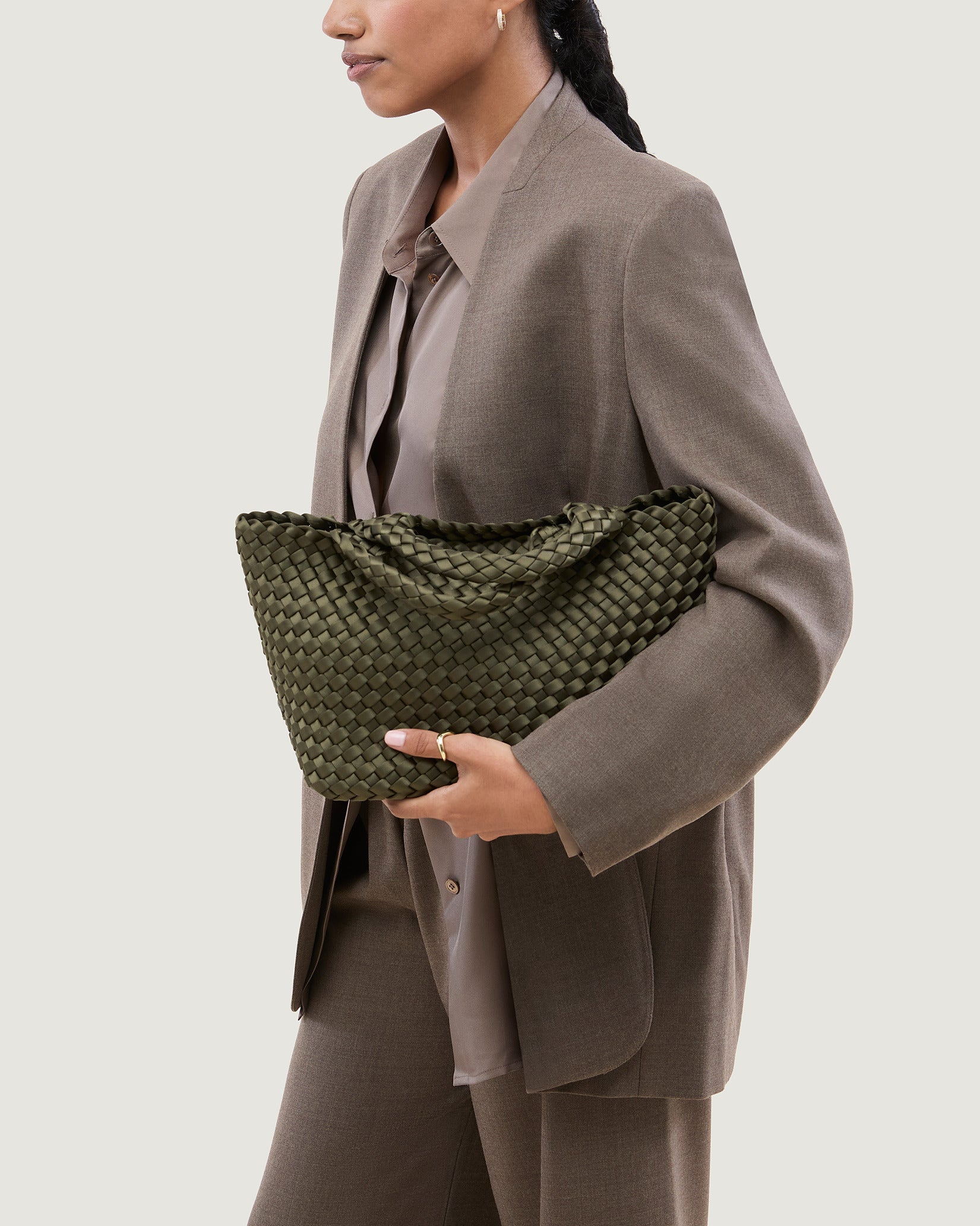 St. Barths Small Satin Tote Bag in Juniper shown on model to illustrate scale and soft silhouette.