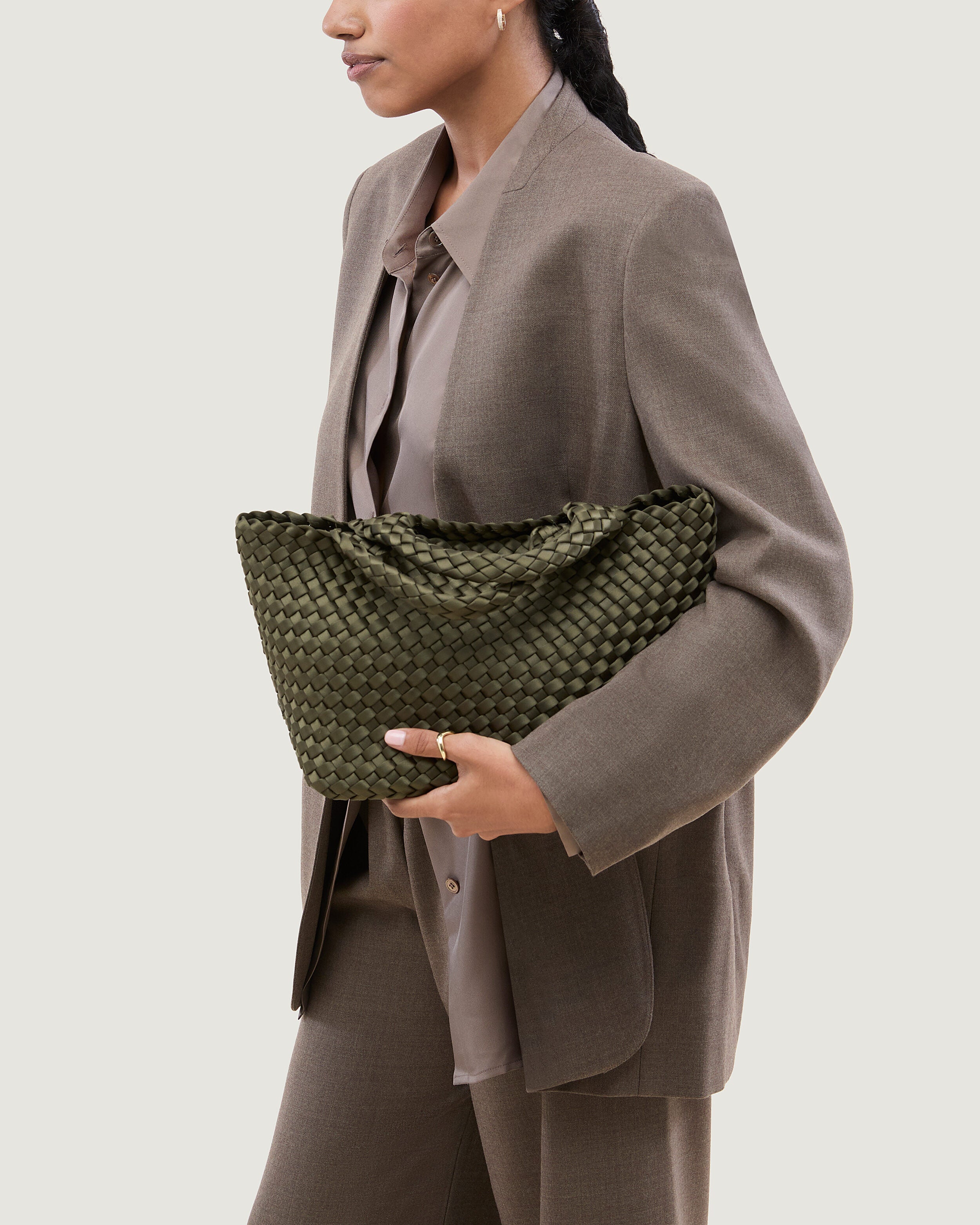 St. Barths Tote in Juniper shown on model to illustrate scale and soft silhouette.