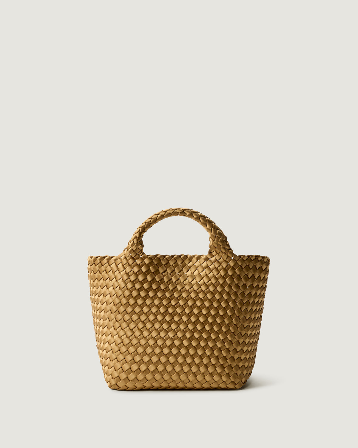 St. Barths Tote in Luce, a gold  tone, in handwoven satin, featuring an open top, magnetic closure, and woven top handles.
