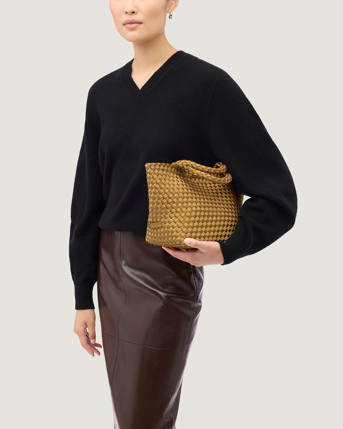 St. Barths Tote in Luce shown on model to illustrate scale and soft silhouette.