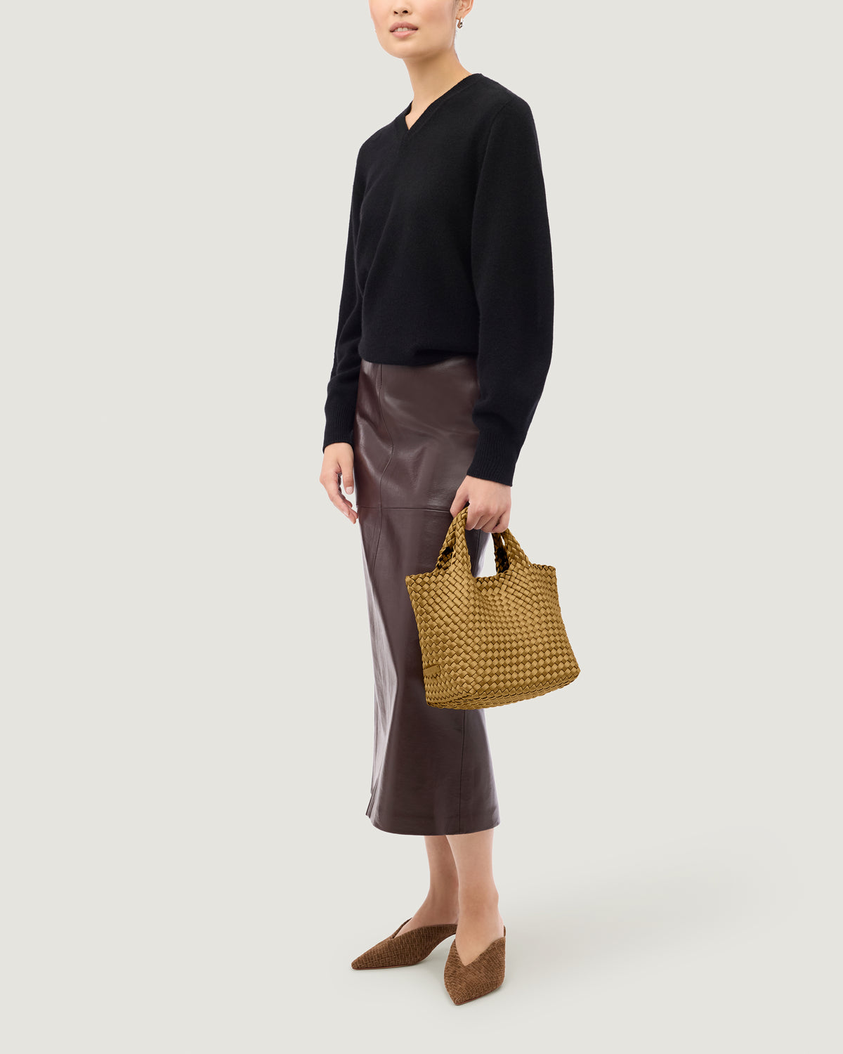 St. Barths Tote in Luce shown on model to illustrate scale and soft silhouette.
