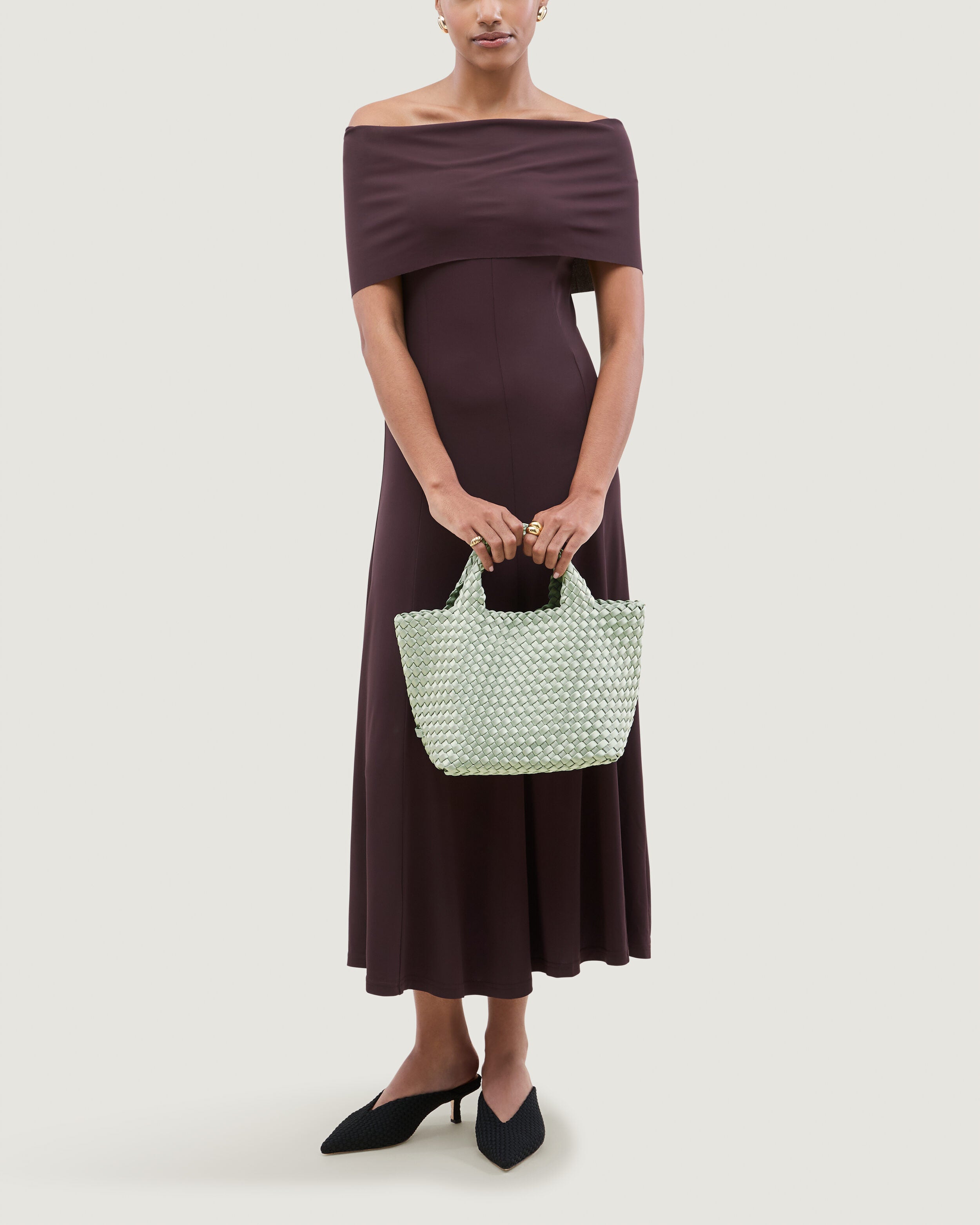 St. Barths Tote in Wintergreen shown on model to illustrate scale and soft silhouette.