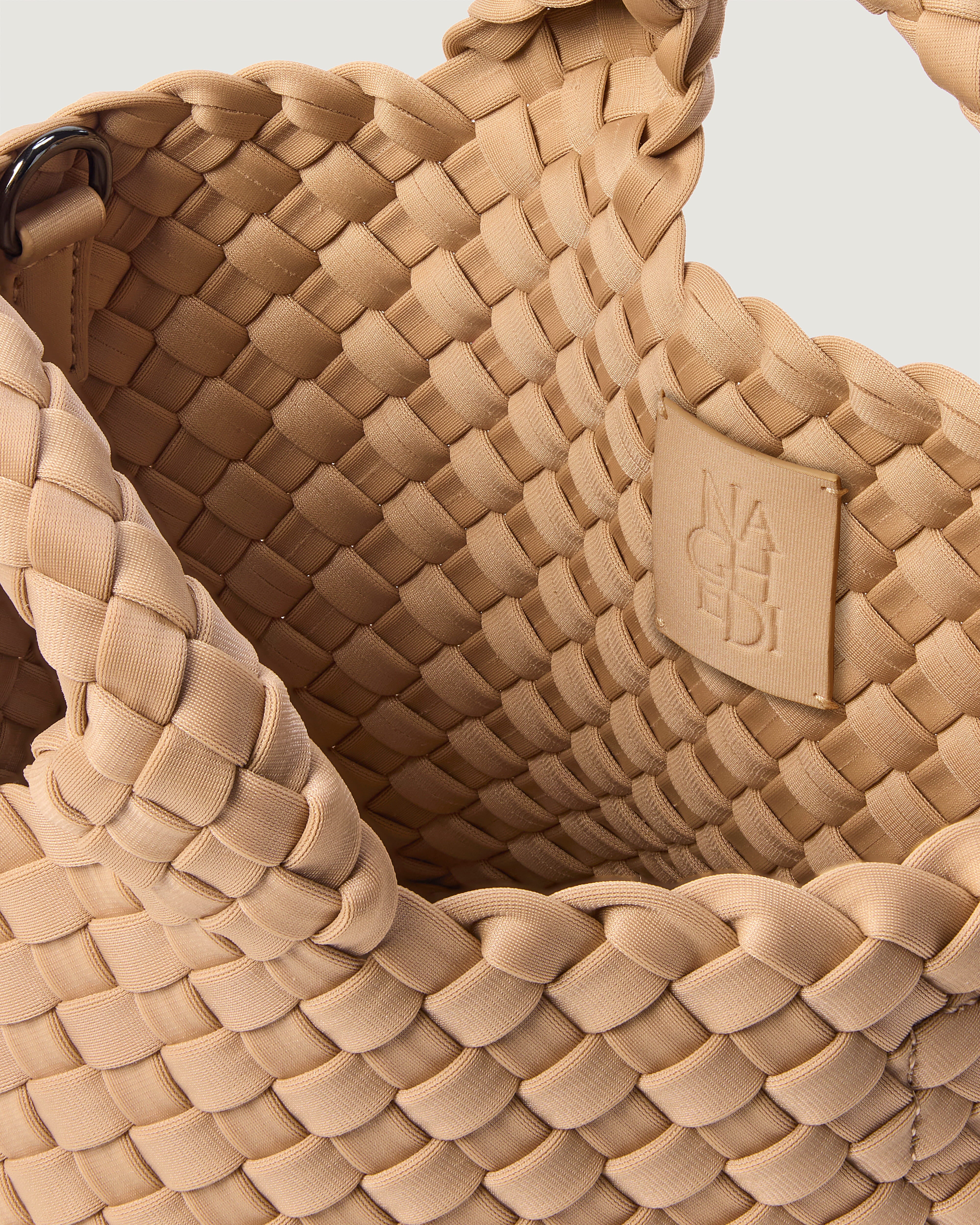 Interior close-up of St. Barths Tote in Camel showing its open top, and unlined interior.