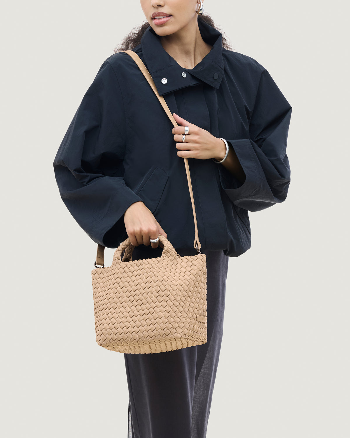 St. Barths Tote in Camel shown on model to illustrate scale and soft silhouette.