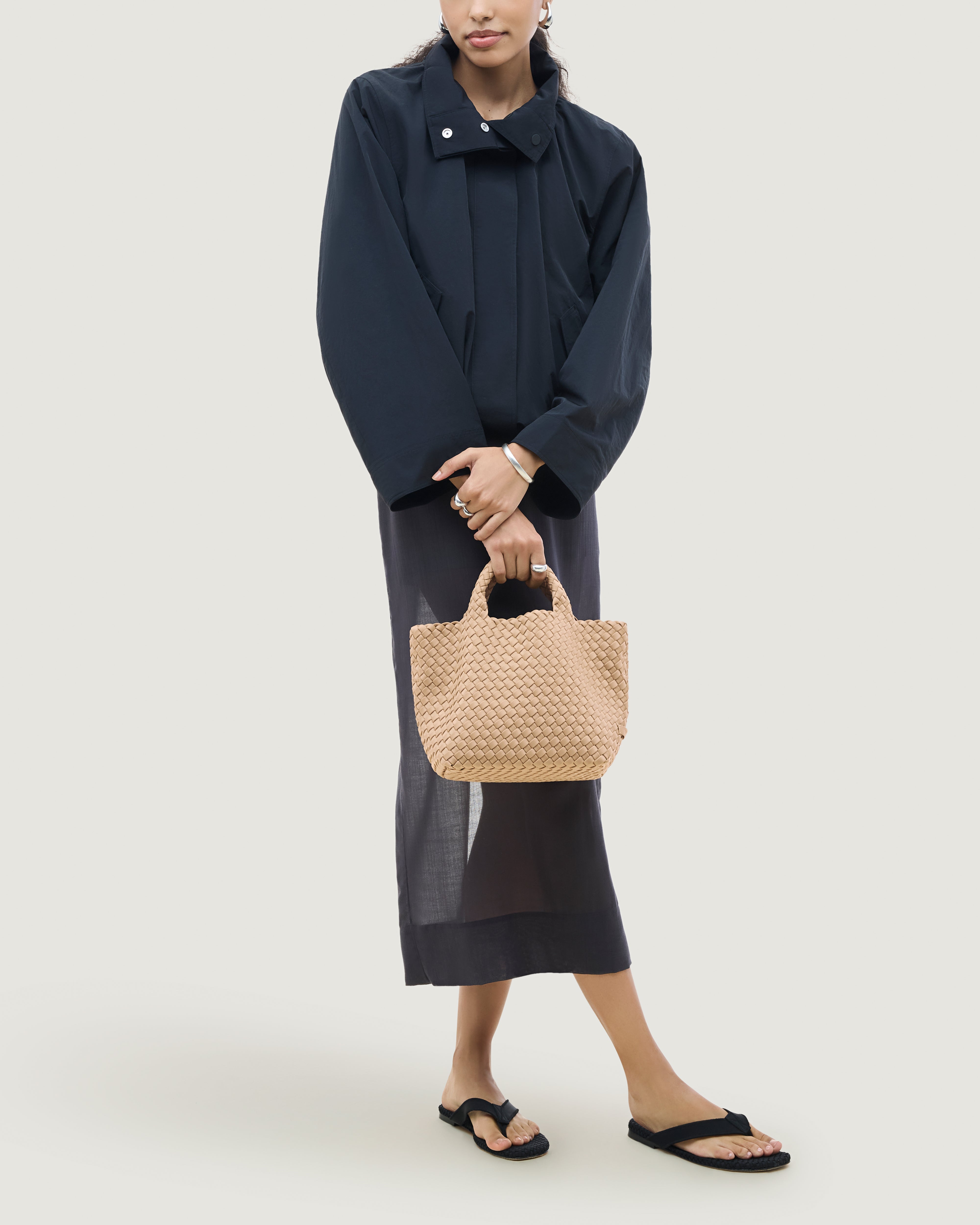 St. Barths Tote in Camel shown on model to illustrate scale and soft silhouette.