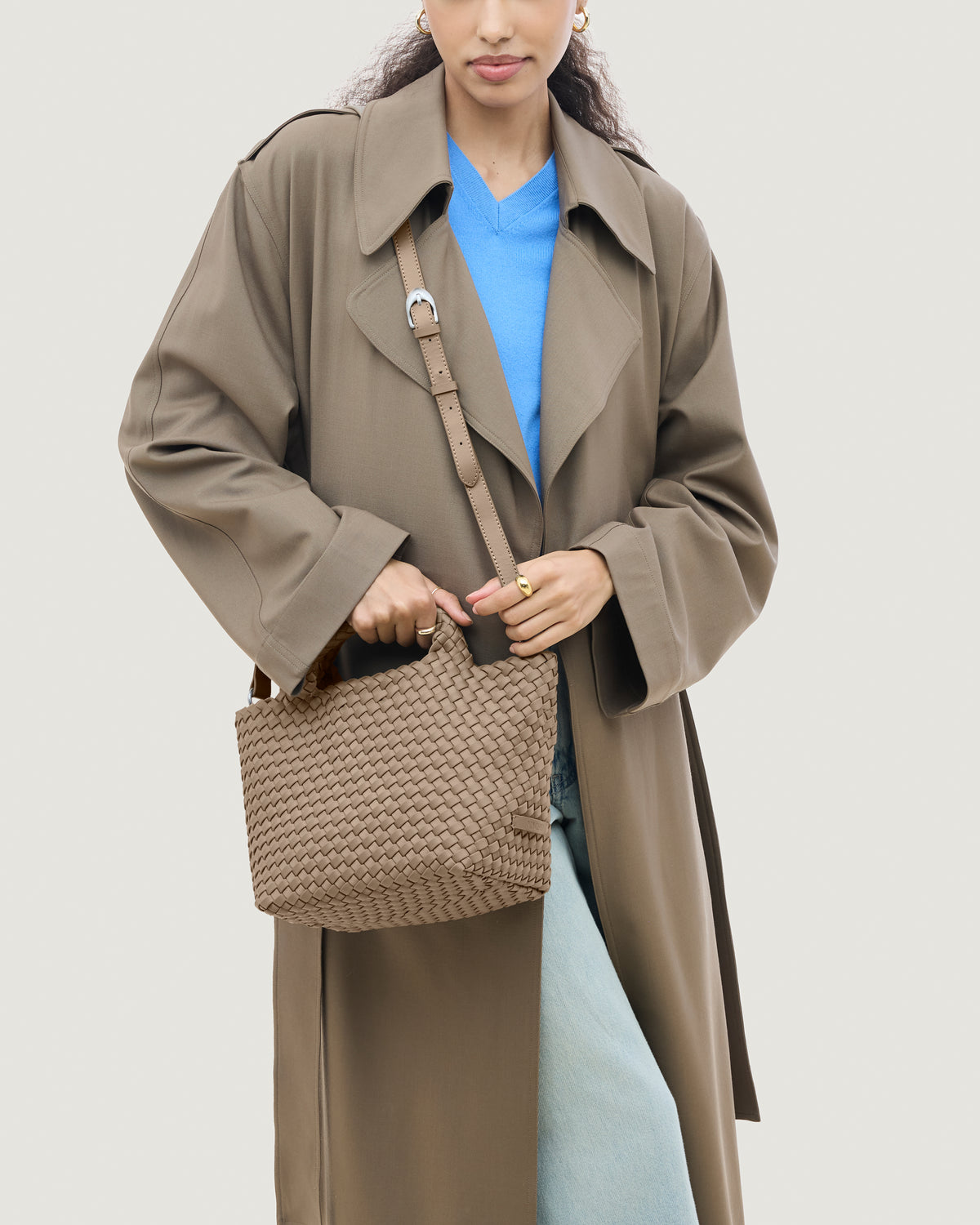 St. Barths Tote in Cashmere shown on model to illustrate scale and soft silhouette.