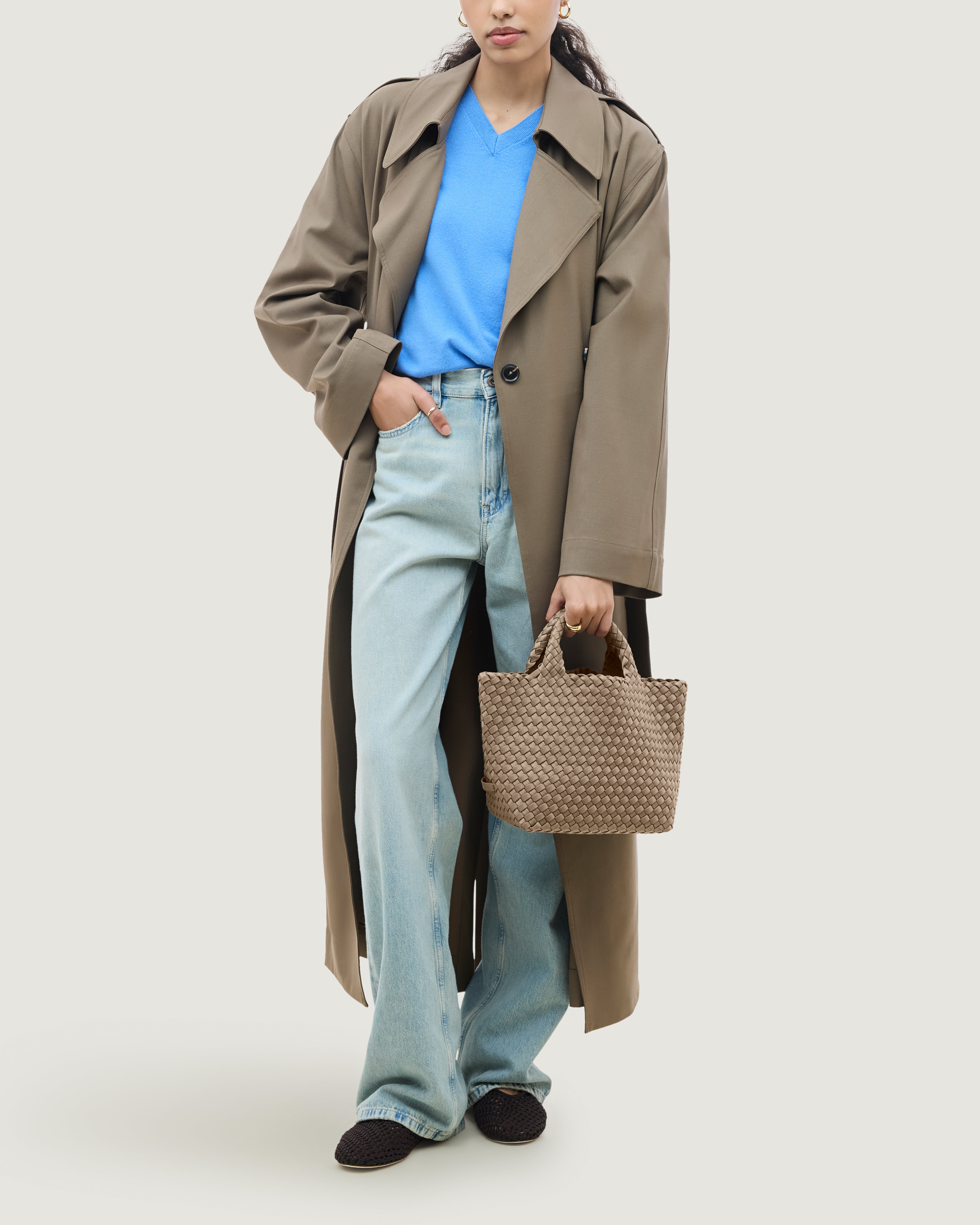 St. Barths Tote in Cashmere shown on model to illustrate scale and soft silhouette.