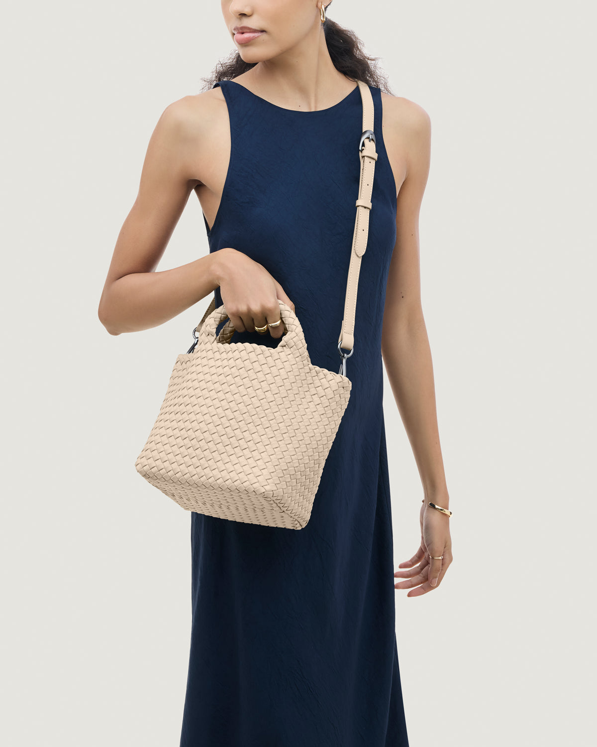 St. Barths Tote in Ecru shown on model to illustrate scale and soft silhouette.