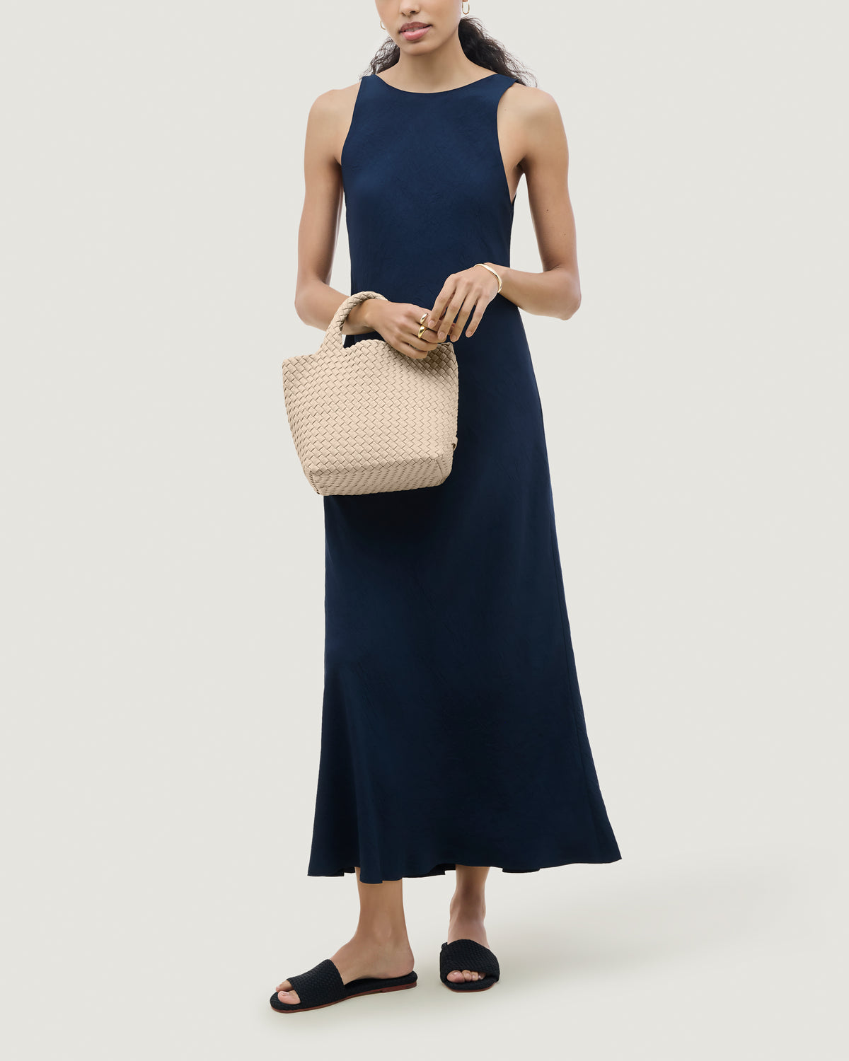 St. Barths Tote in Ecru shown on model to illustrate scale and soft silhouette.