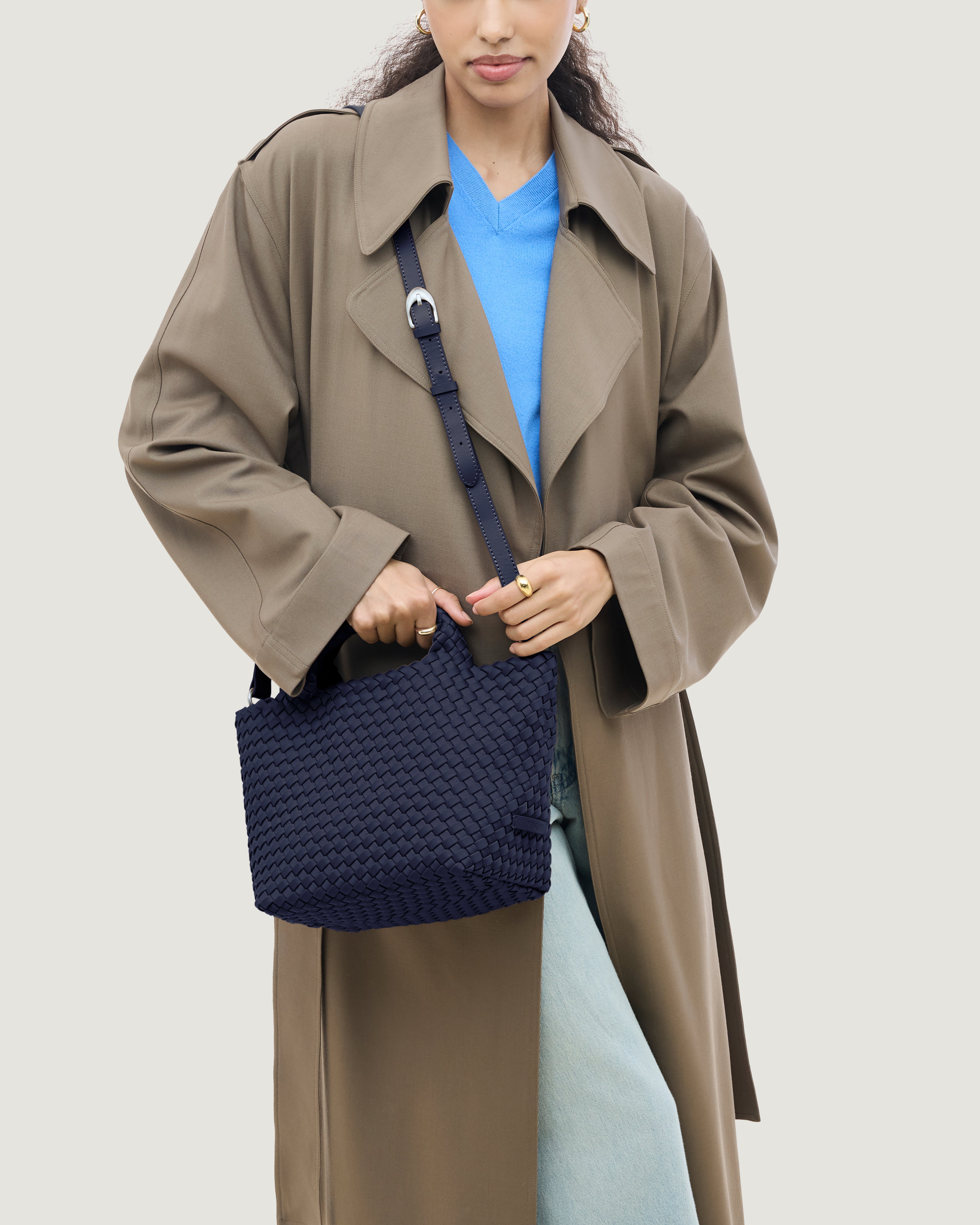 St. Barths Tote in Ink Blue shown on model to illustrate scale and soft silhouette.