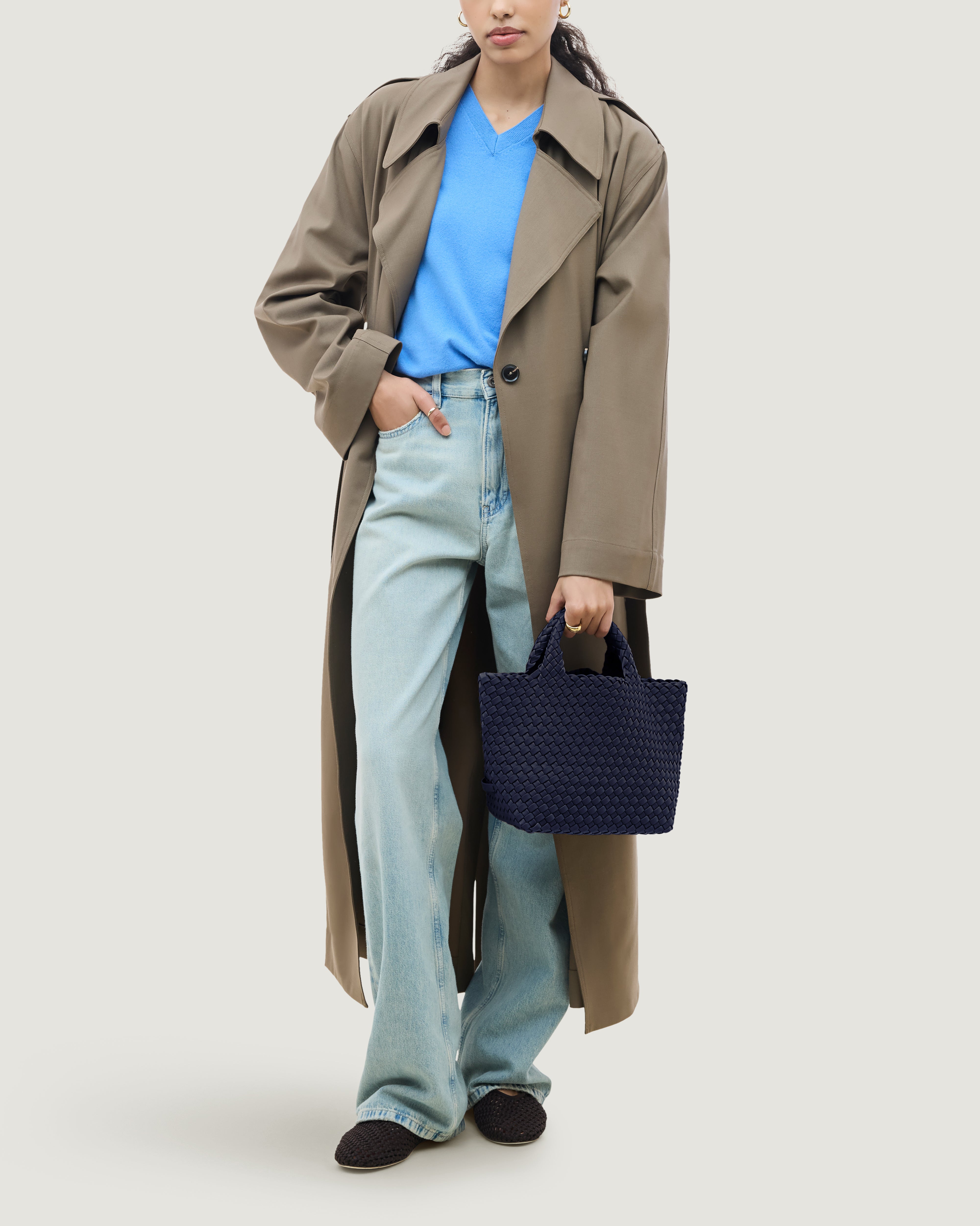 St. Barths Tote in Ink Blue shown on model to illustrate scale and soft silhouette.