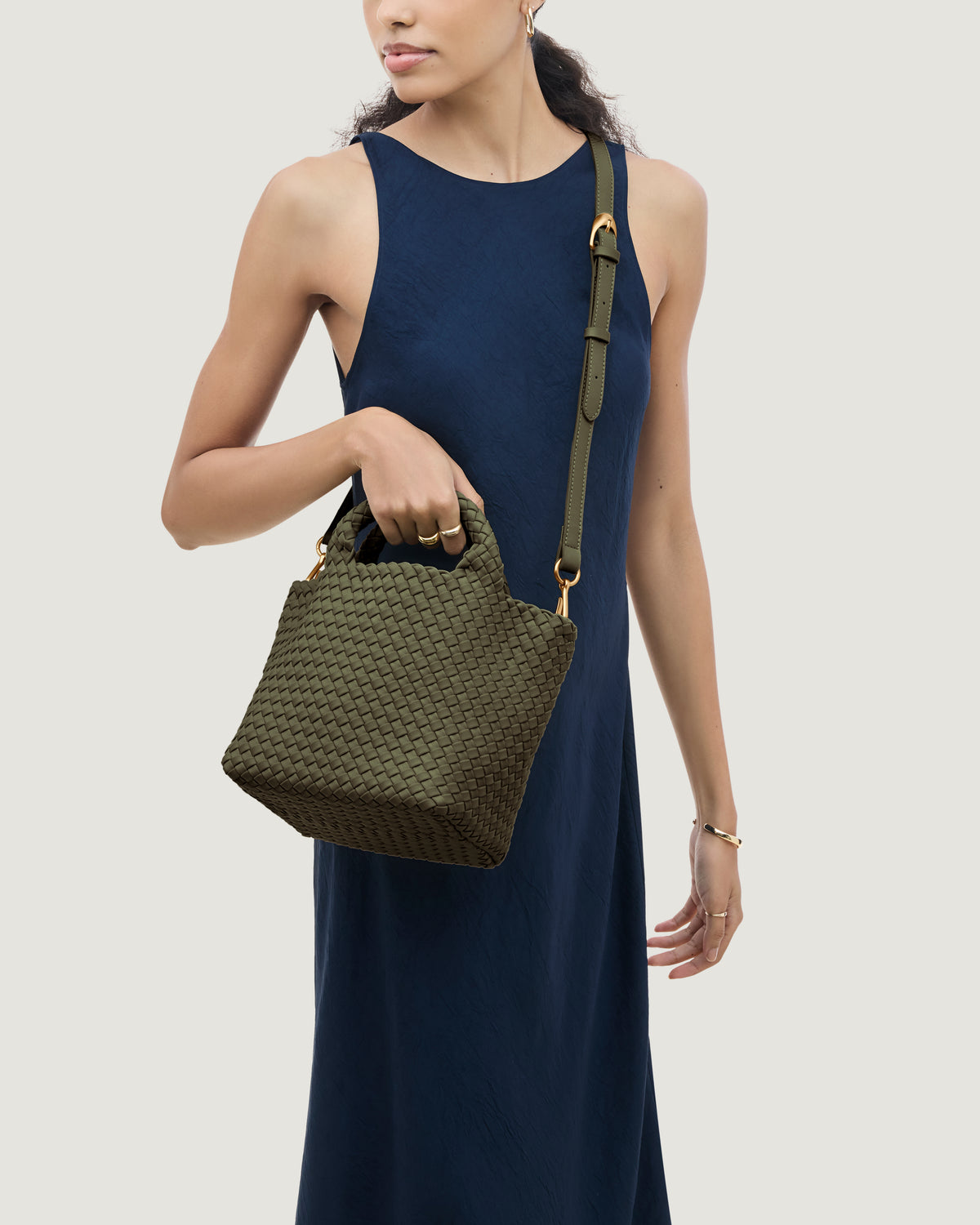 St. Barths Tote in Olive shown on model to illustrate scale and soft silhouette.