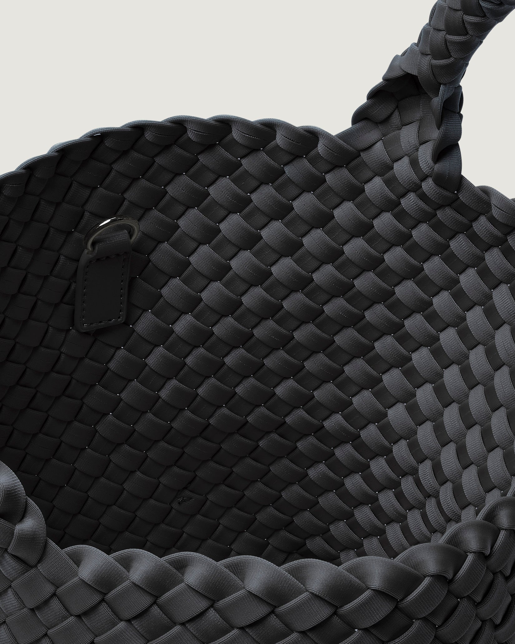 Interior close-up of St. Barths Small Tote Bag in Ash showing its open top, and unlined interior.