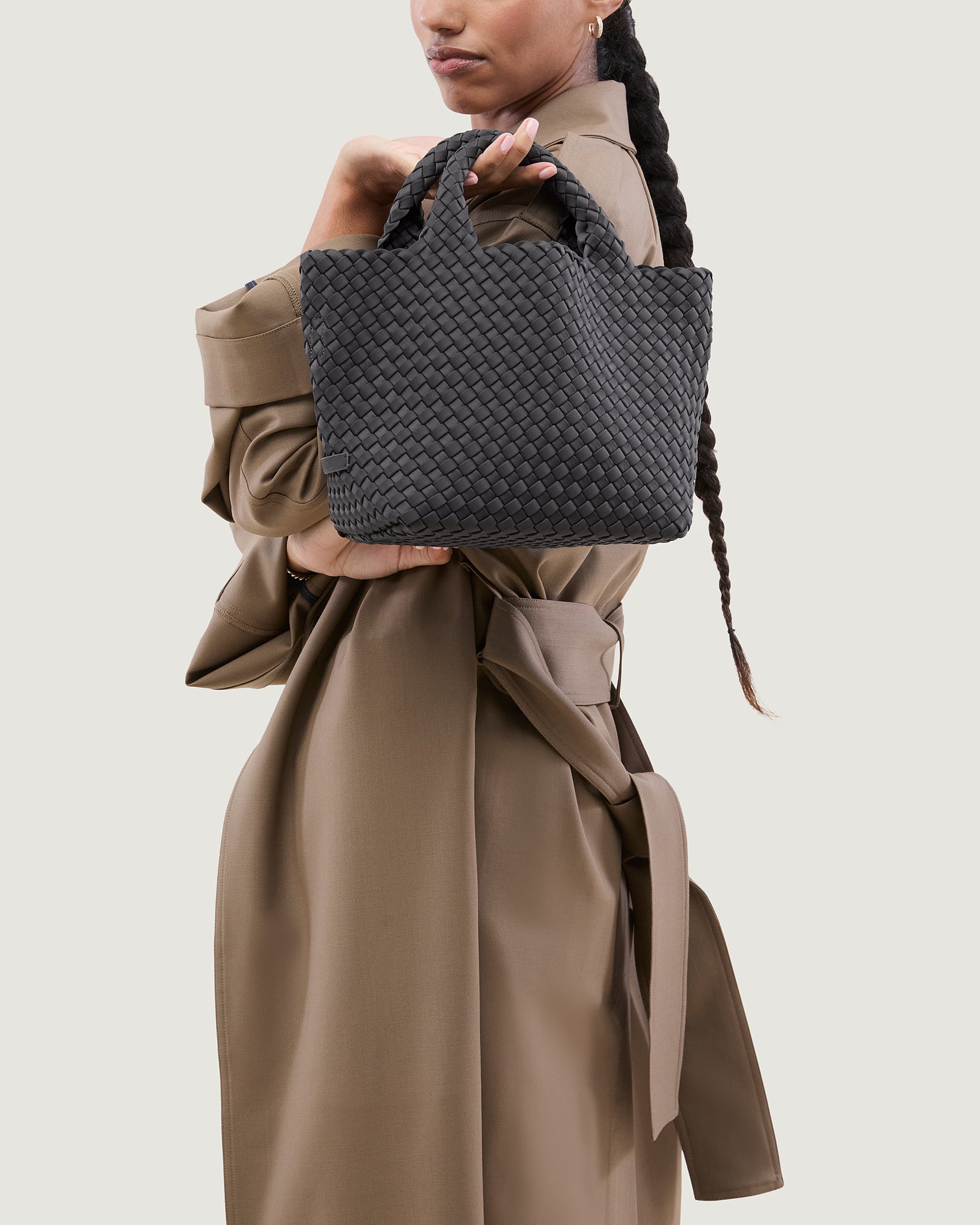 St. Barths Small Tote Bag in Ash shown on model to illustrate scale and soft silhouette.